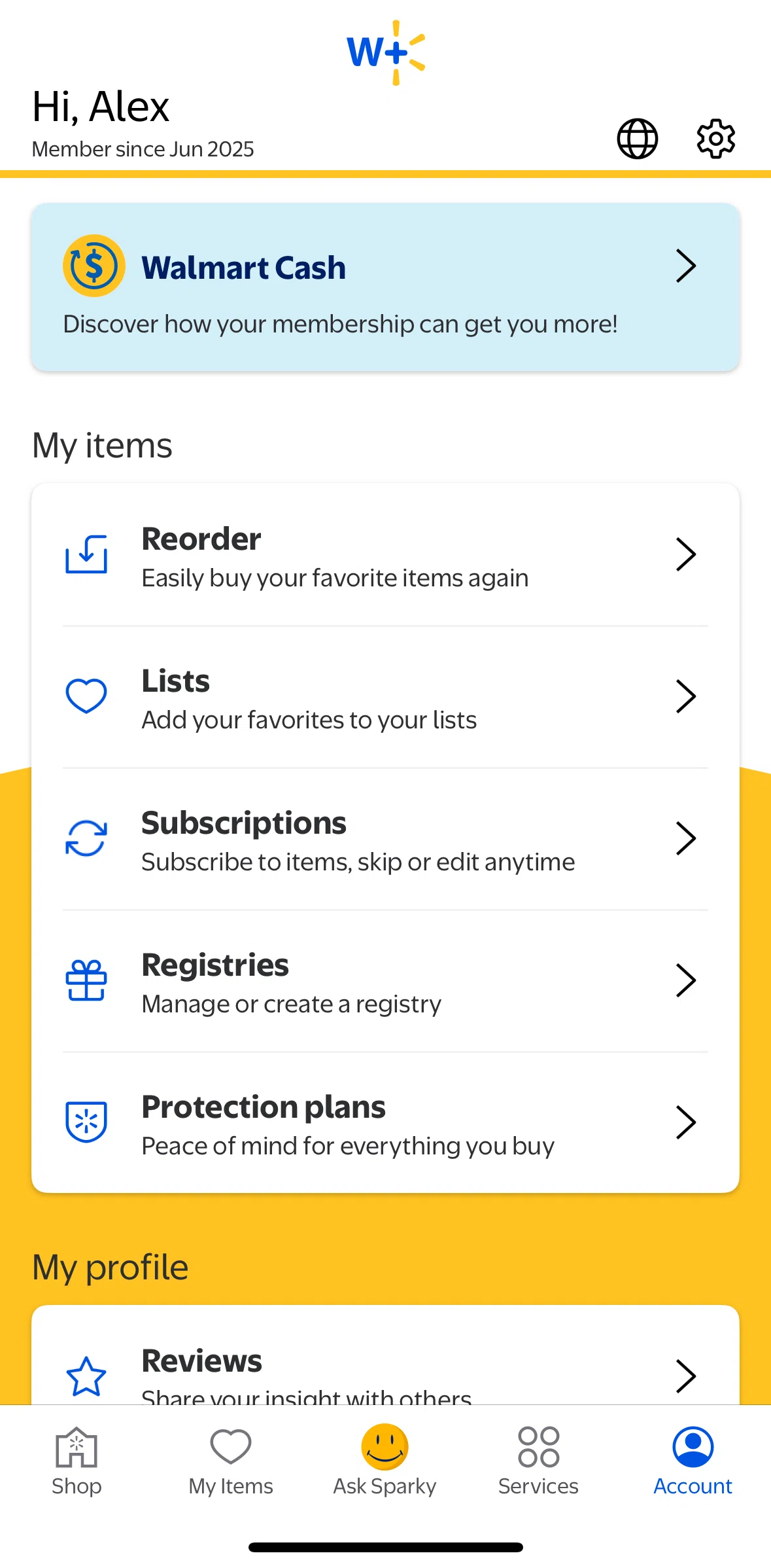 Walmart Screen screen in the Subscriptions flow