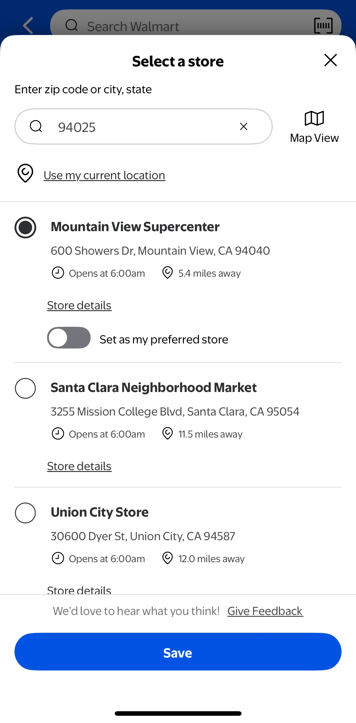 Walmart Screen screen in the Switching to map view flow