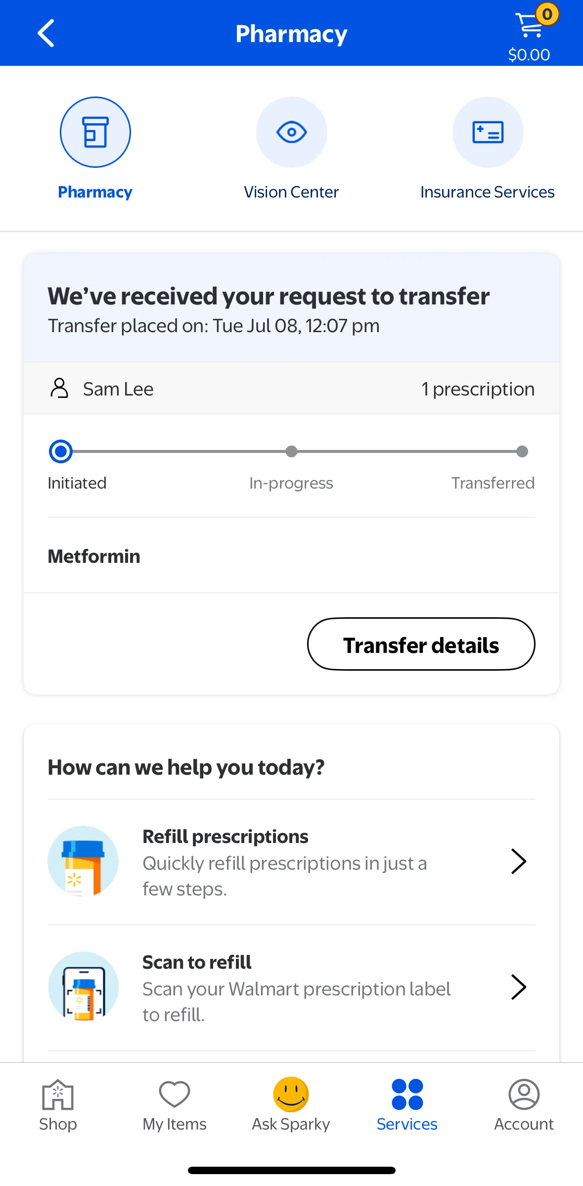 Walmart Screen screen in the Transfer detail flow