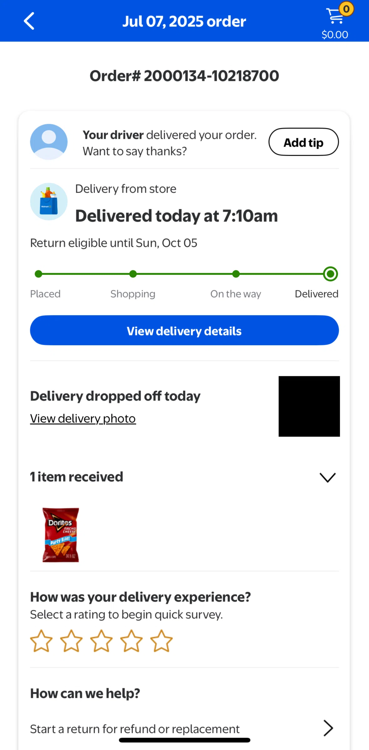 Walmart Screen screen in the View delivery detail flow