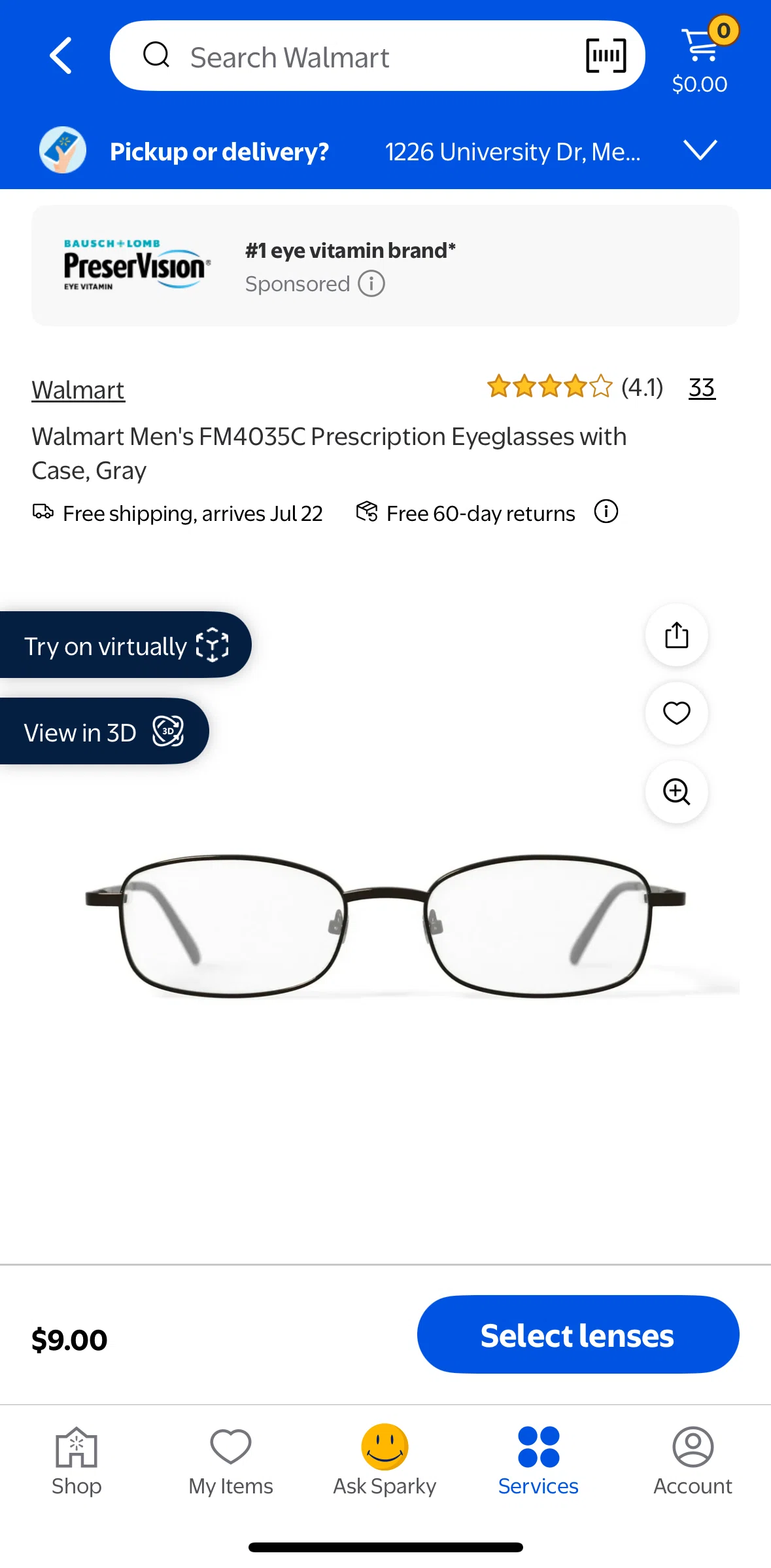 Walmart Screen screen in the View in 3D flow