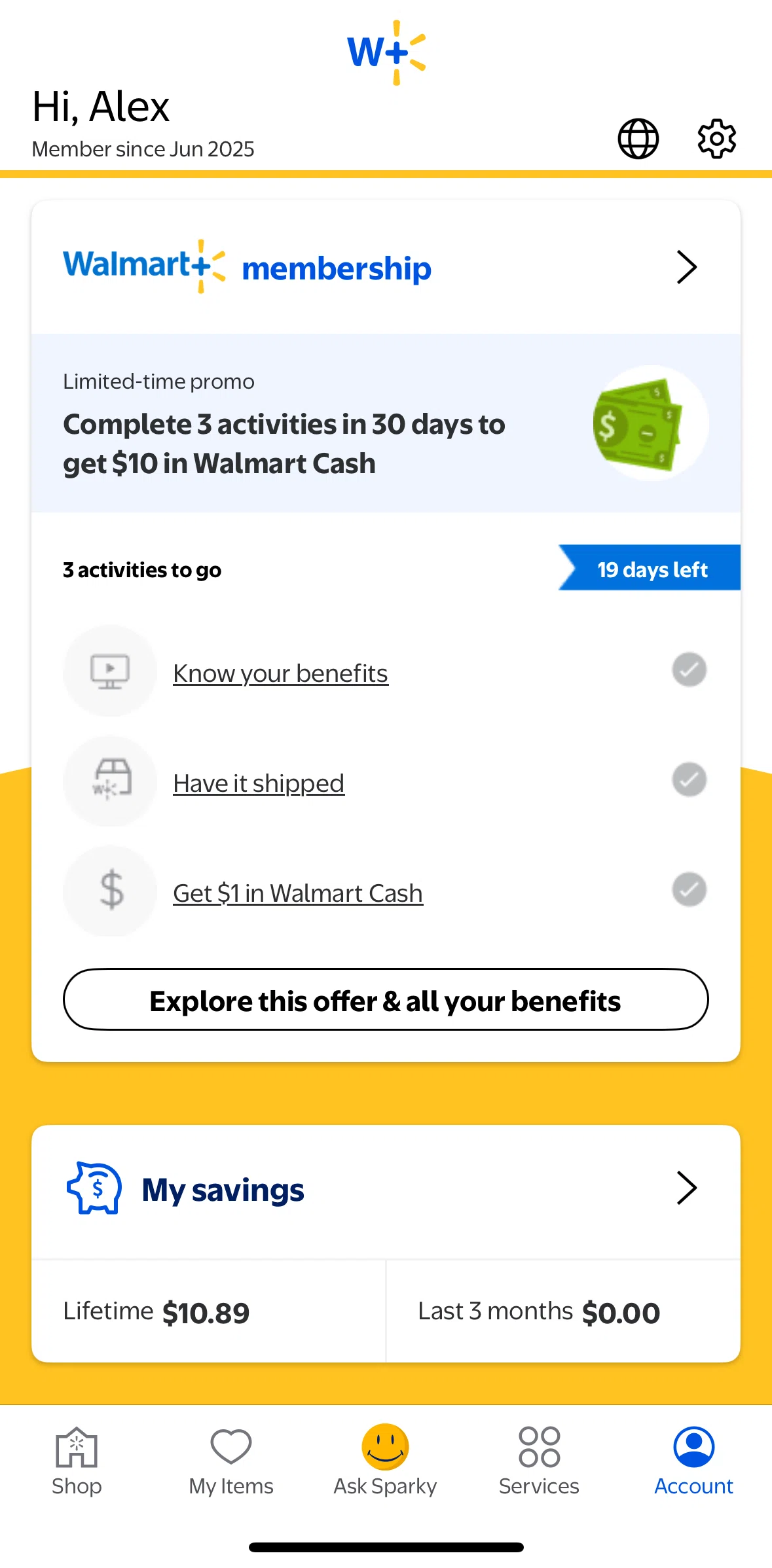 Walmart Screen screen in the Walmart+ benefits flow