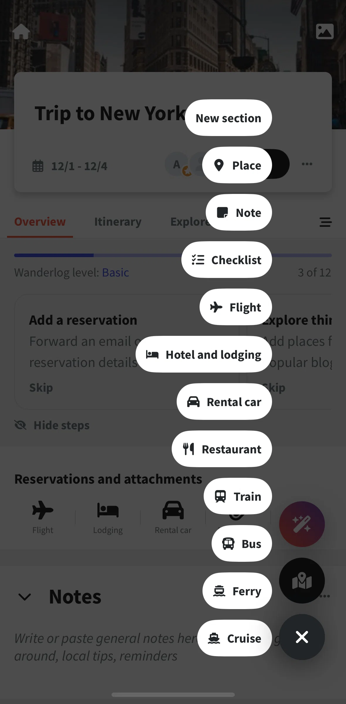 Wanderlog Screen screen in the Adding a checklist flow