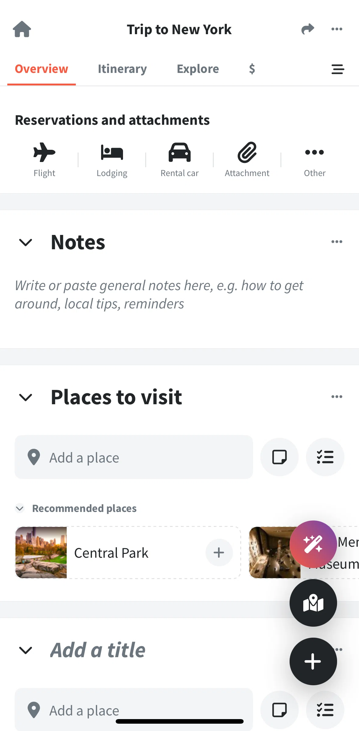 Wanderlog Screen screen in the Adding a note to section flow