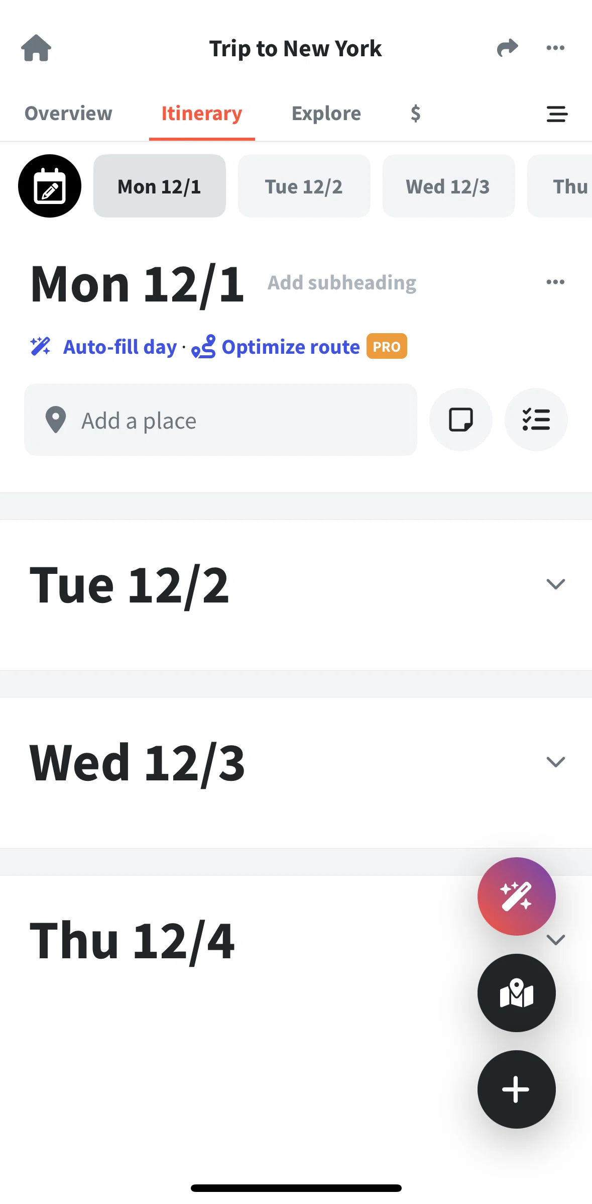 Wanderlog Screen screen in the Adding a subheading flow
