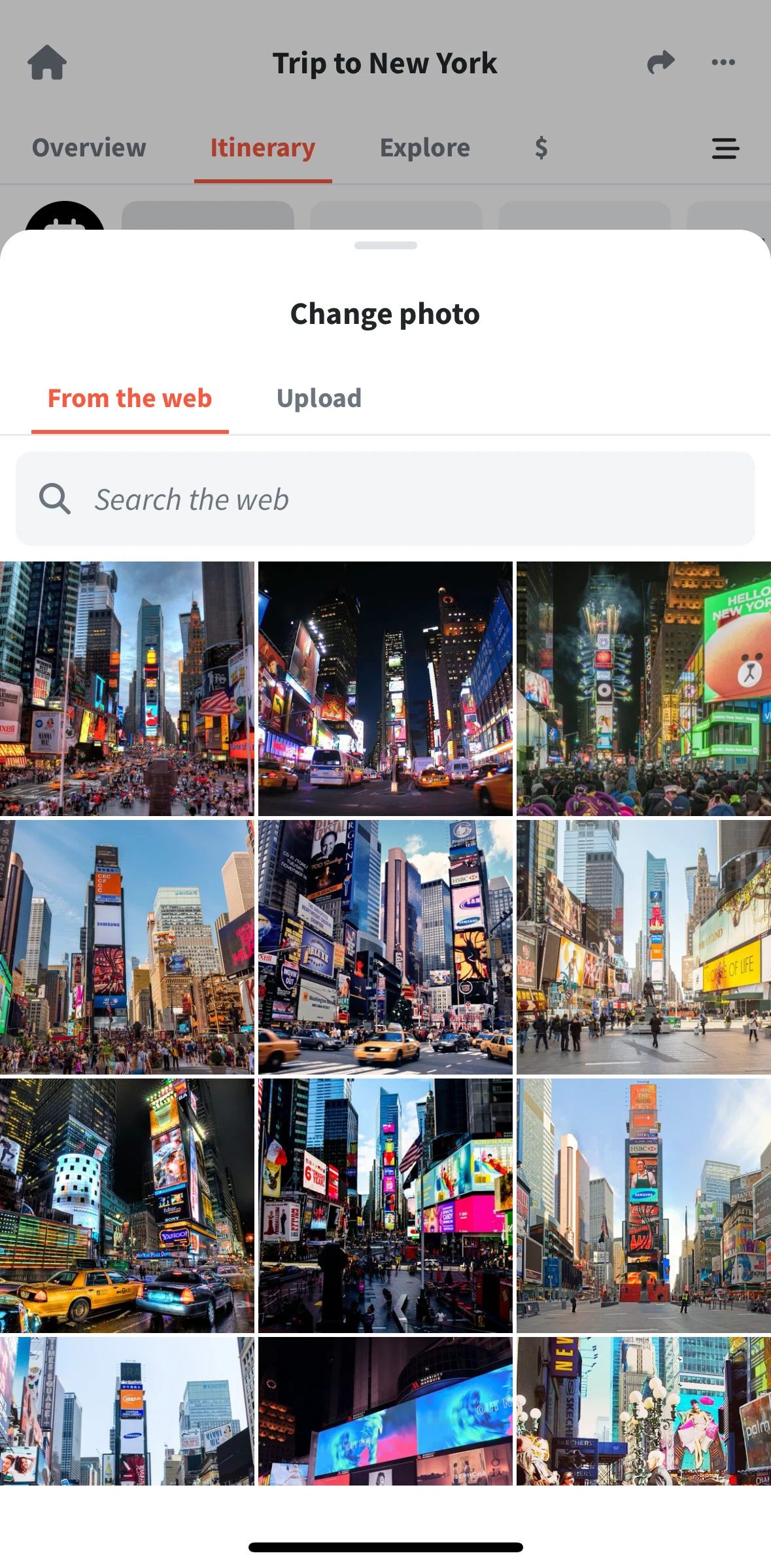 Wanderlog Screen screen in the Changing a photo flow