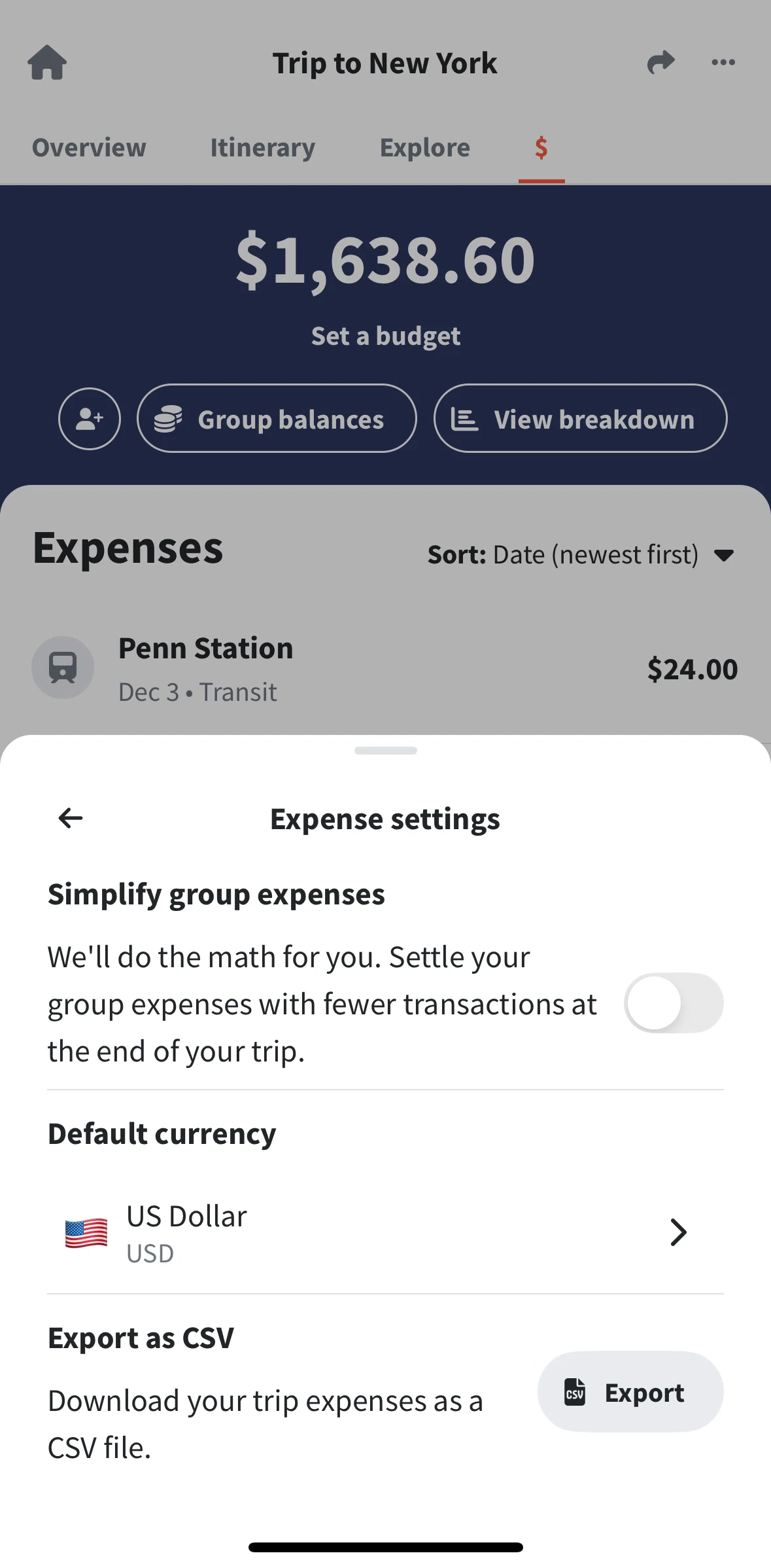 Wanderlog Screen screen in the Changing default currency flow
