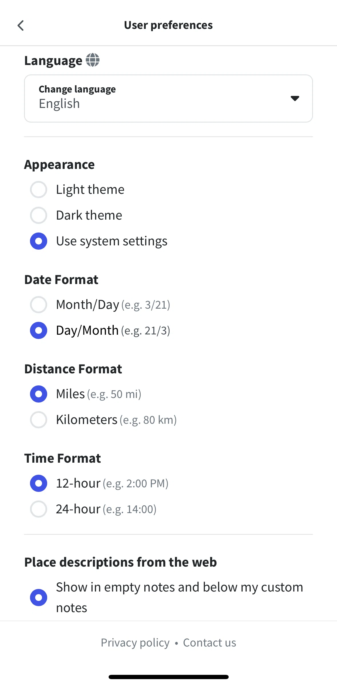 Wanderlog Screen screen in the Changing language flow