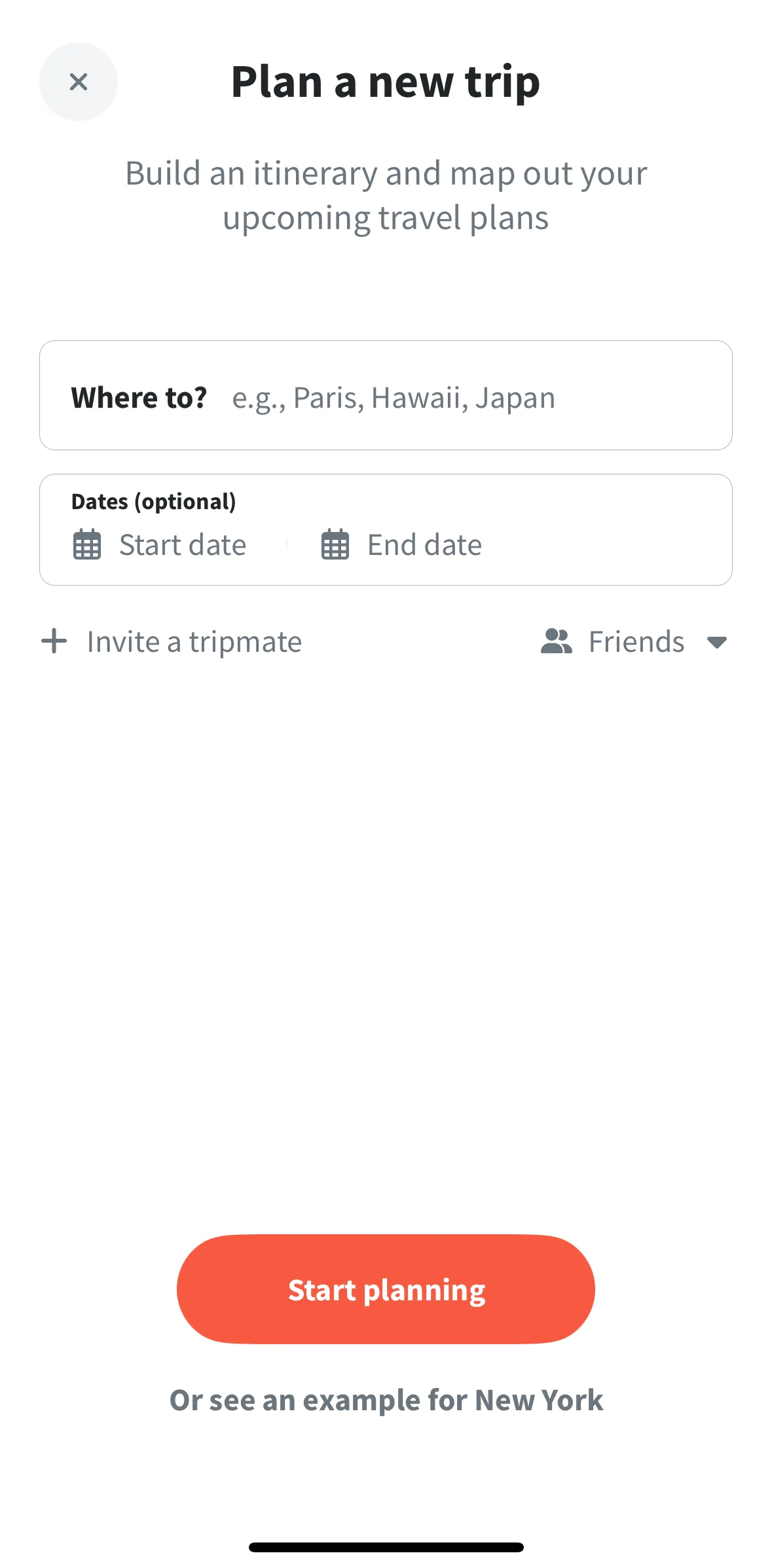 Wanderlog Screen screen in the Changing privacy settings flow