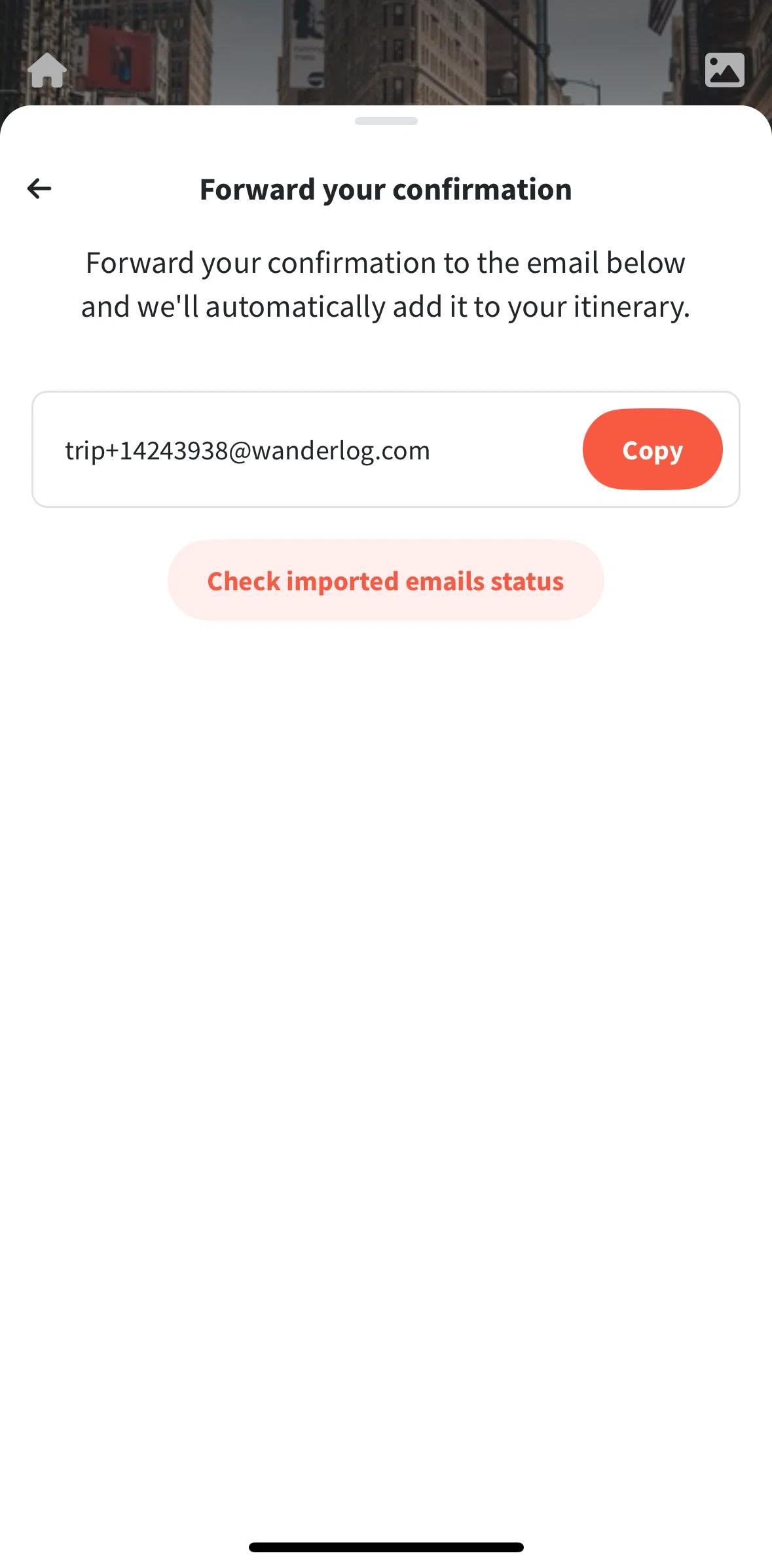 Wanderlog Screen screen in the Checking emails status flow