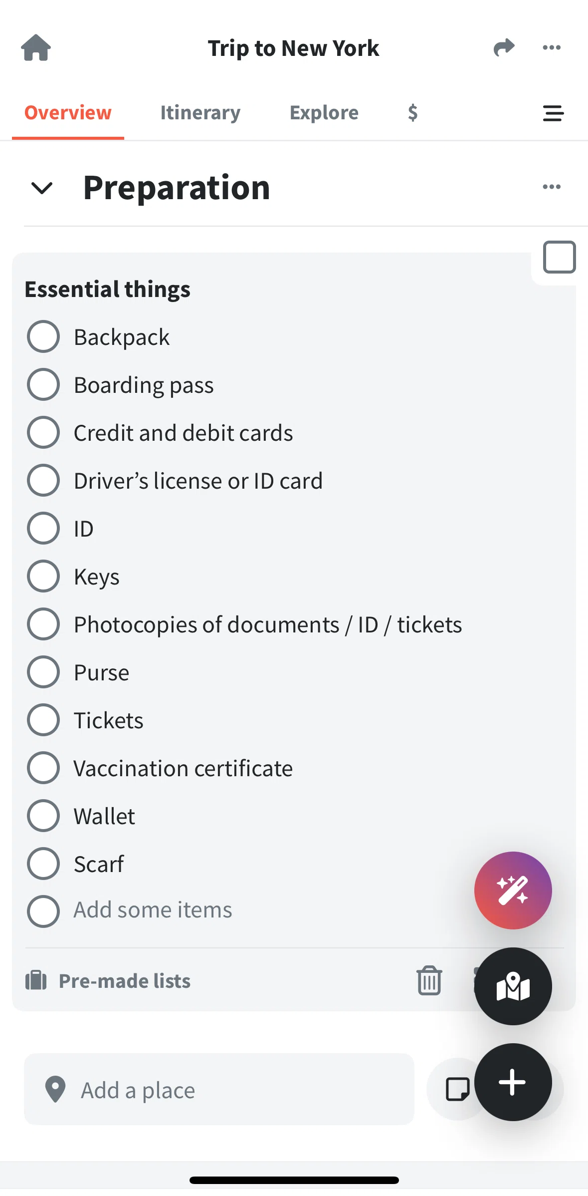 Wanderlog Screen screen in the Checking off a list flow