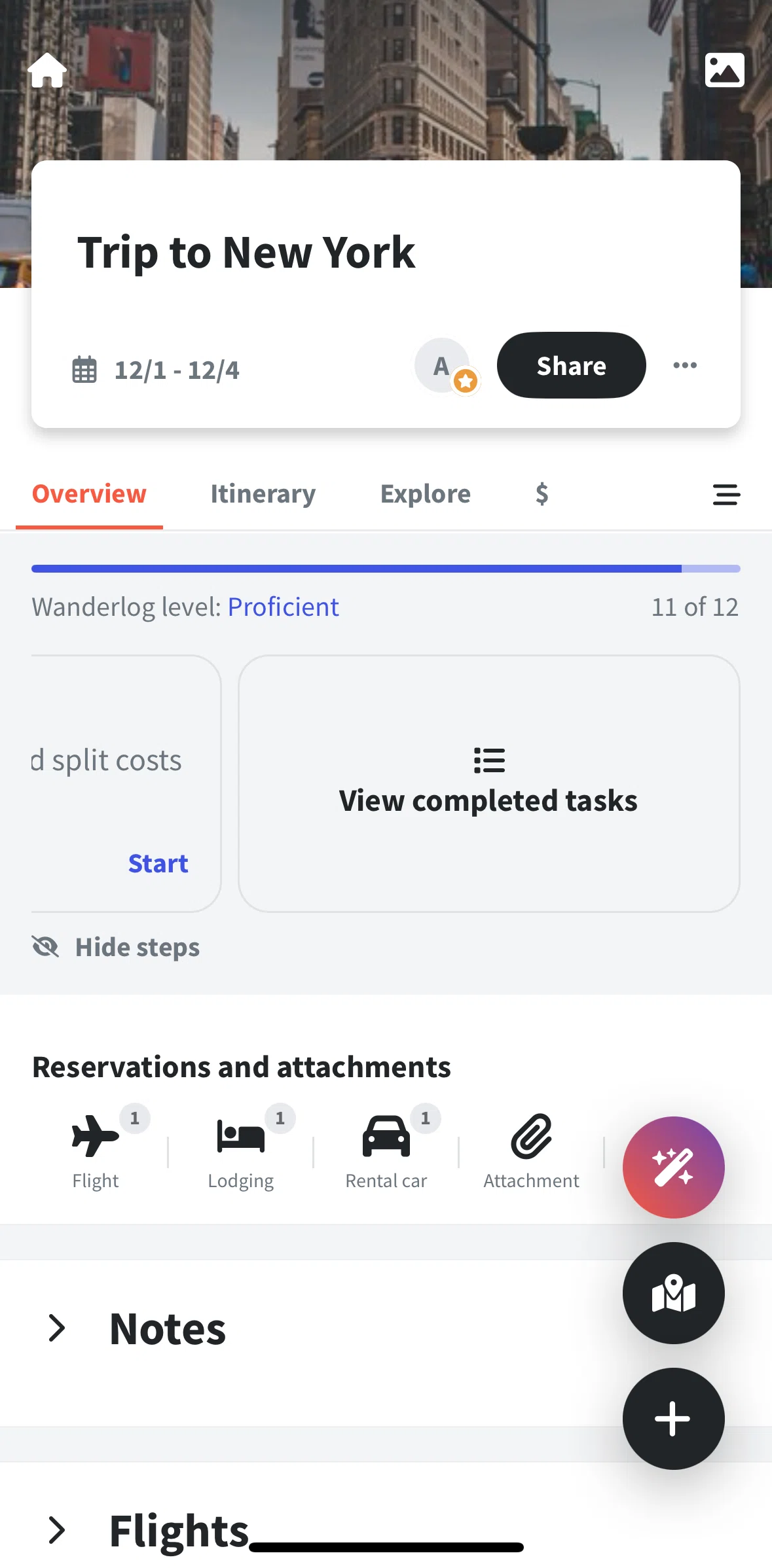 Wanderlog Screen screen in the Completed tasks flow