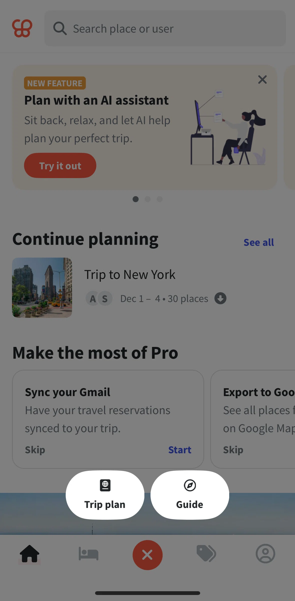 Wanderlog Screen screen in the Creating a guide flow