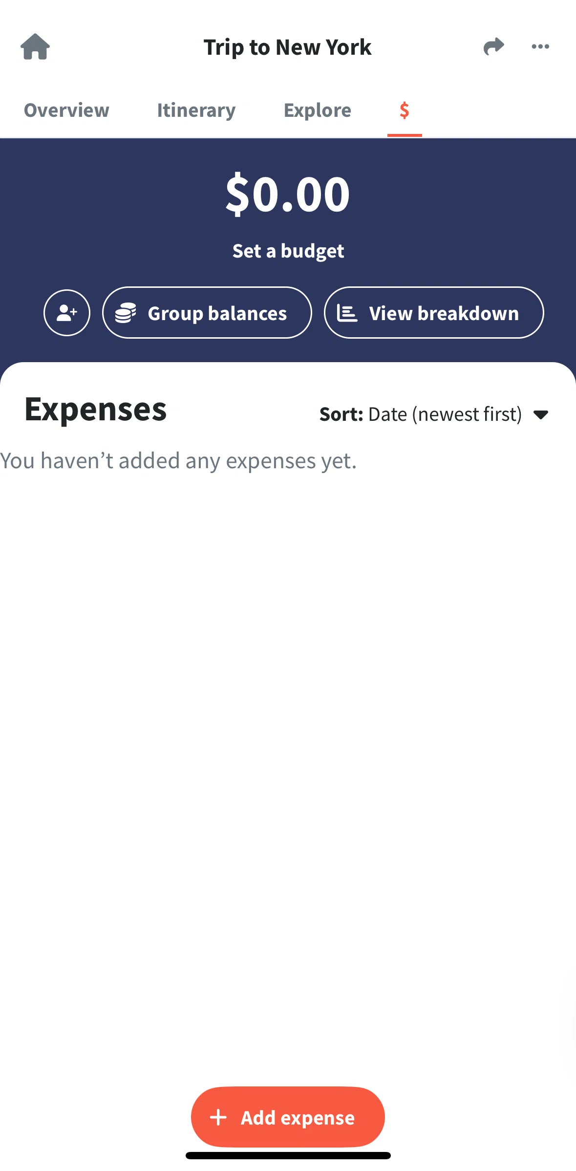 Wanderlog Screen screen in the Expenses flow