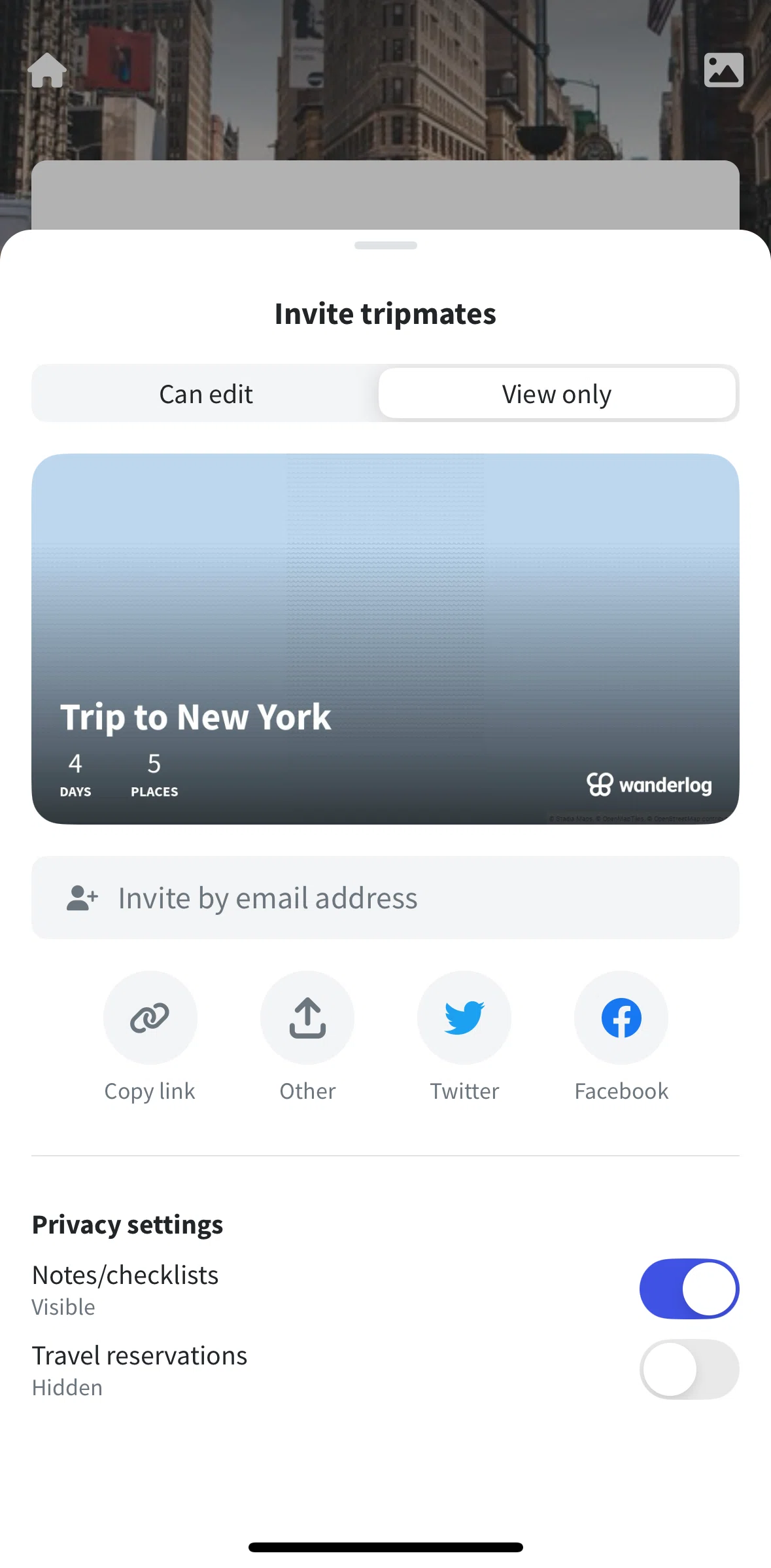 Wanderlog Screen screen in the Hiding notes/checklists flow