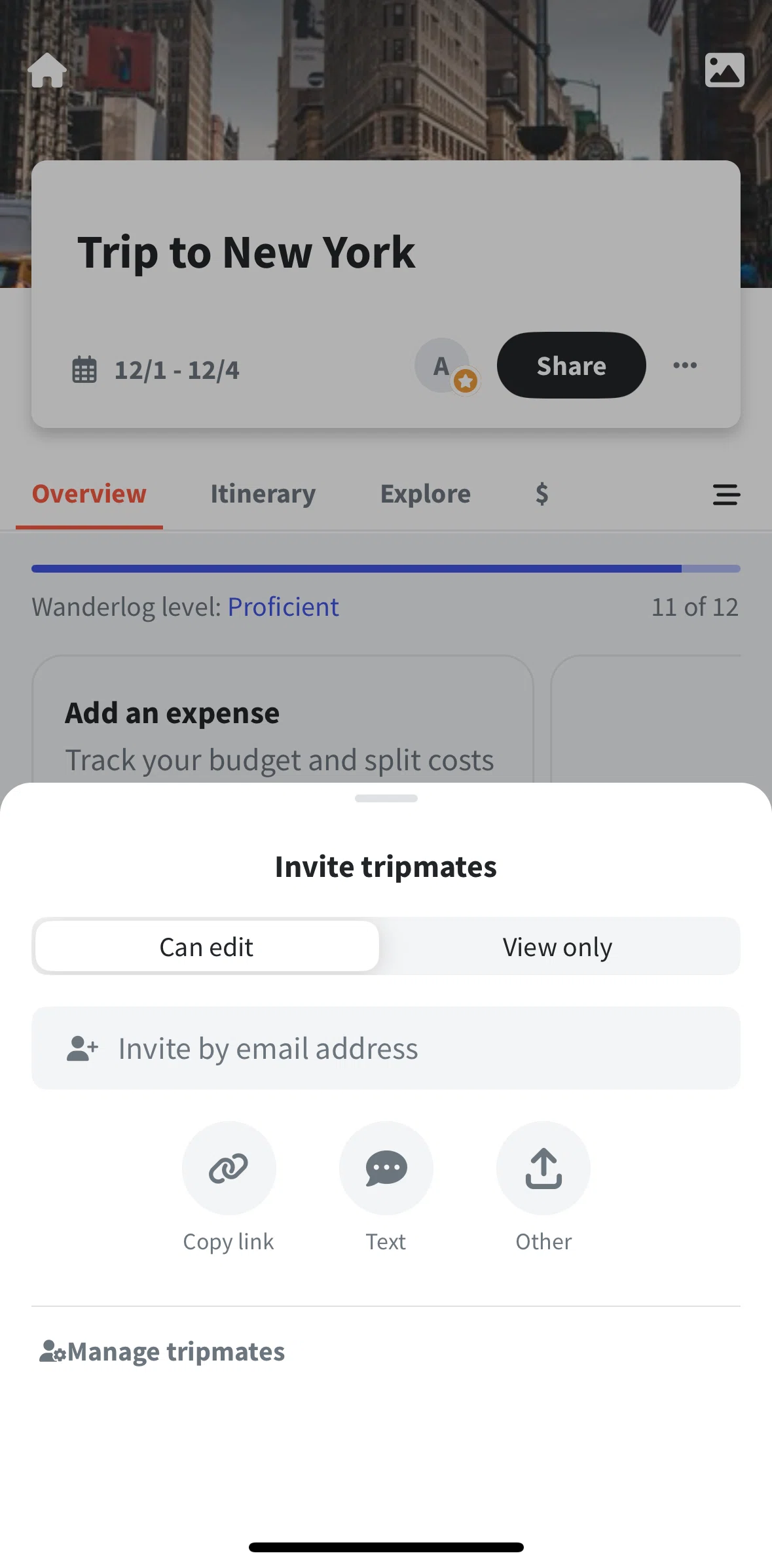 Wanderlog Screen screen in the Inviting a tripmate (share) flow