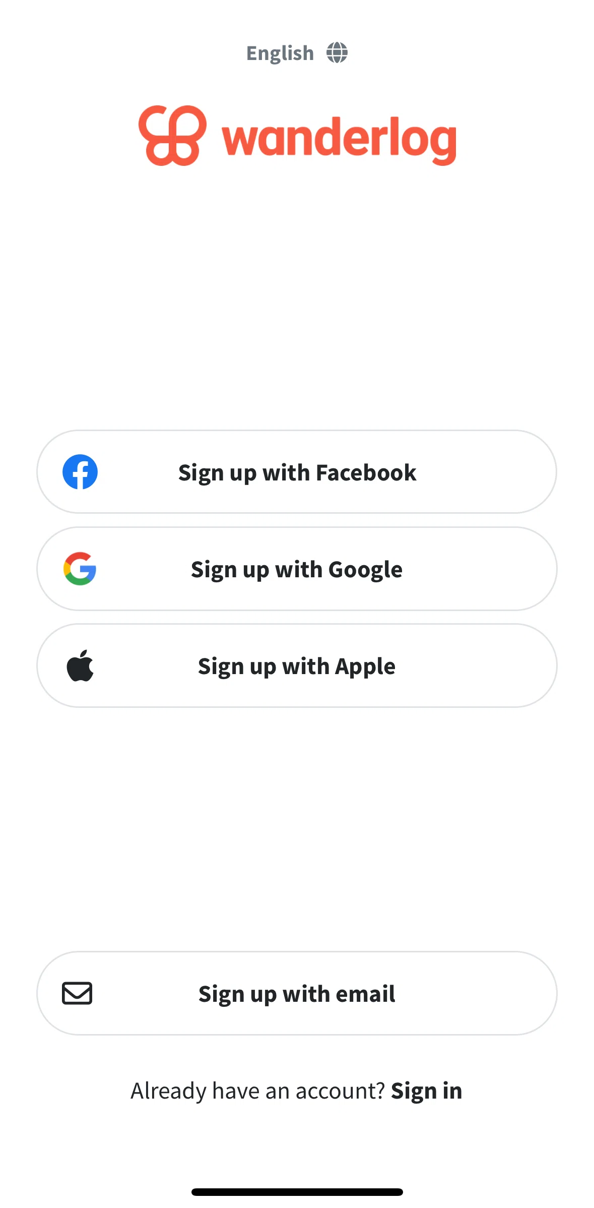 Wanderlog Screen screen in the Logging in flow