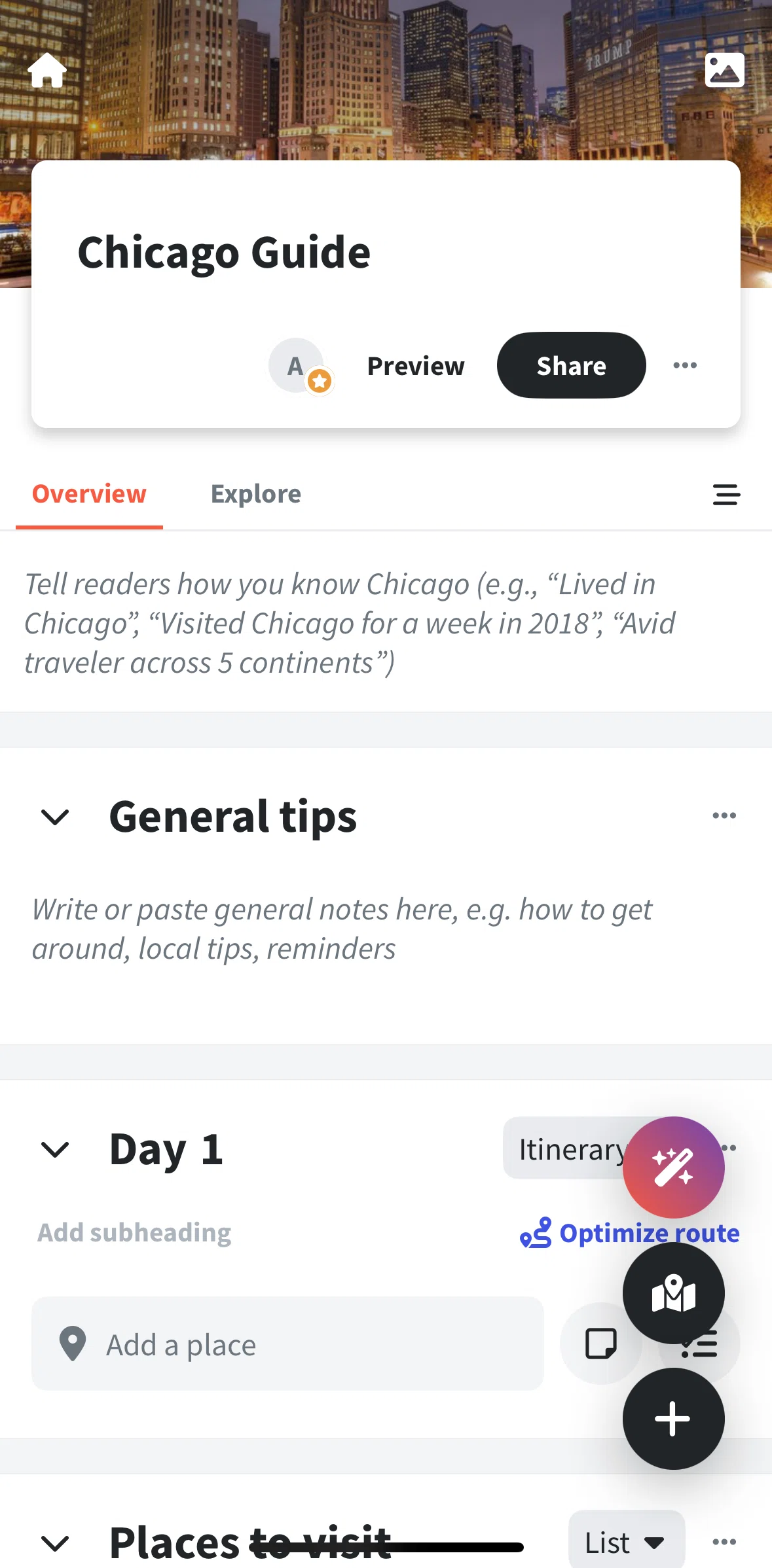 Wanderlog Screen screen in the Overview (guide) flow
