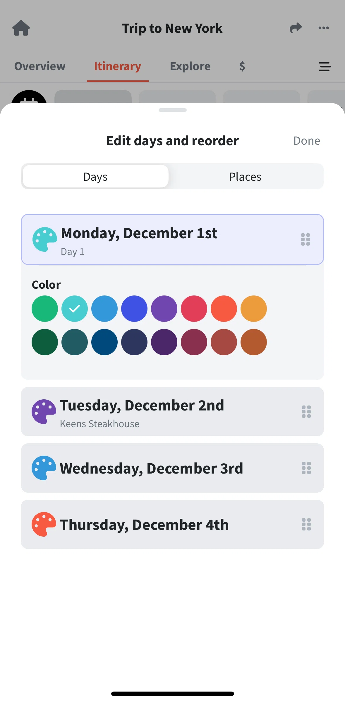 Wanderlog Screen screen in the Reordering days flow