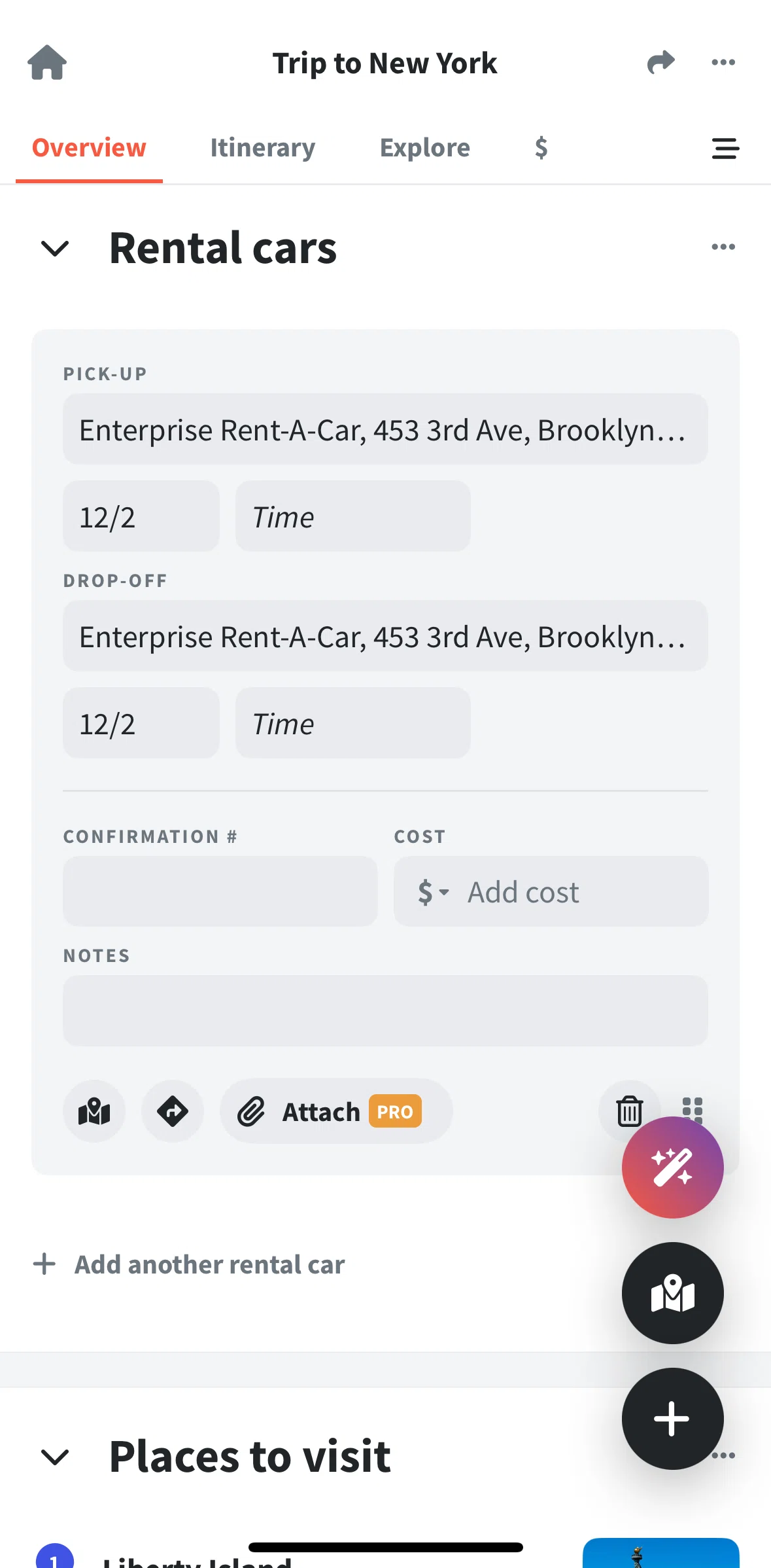 Wanderlog Screen screen in the Scheduling pick-up & drop-off times flow