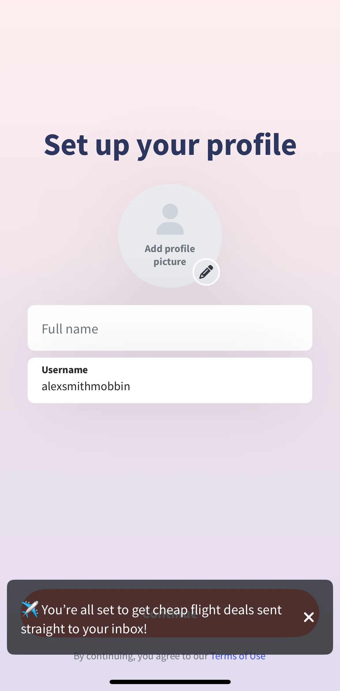 Wanderlog Screen screen in the Setting up a profile flow