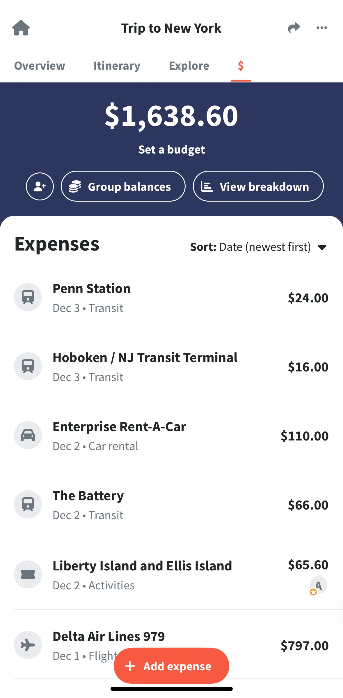 Wanderlog Screen screen in the Sorting expenses flow