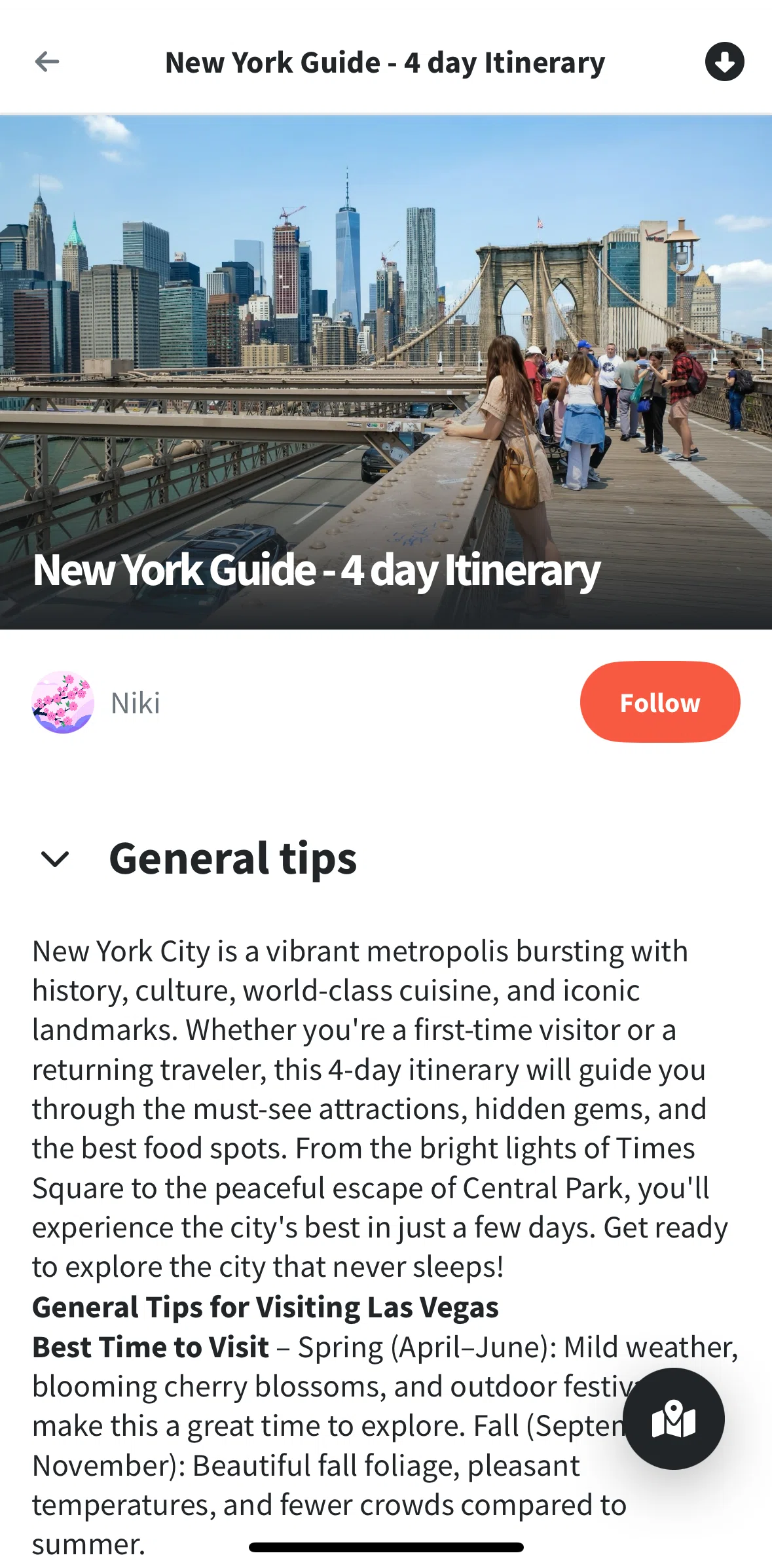 Wanderlog Screen screen in the Switching to map view (article detail) flow