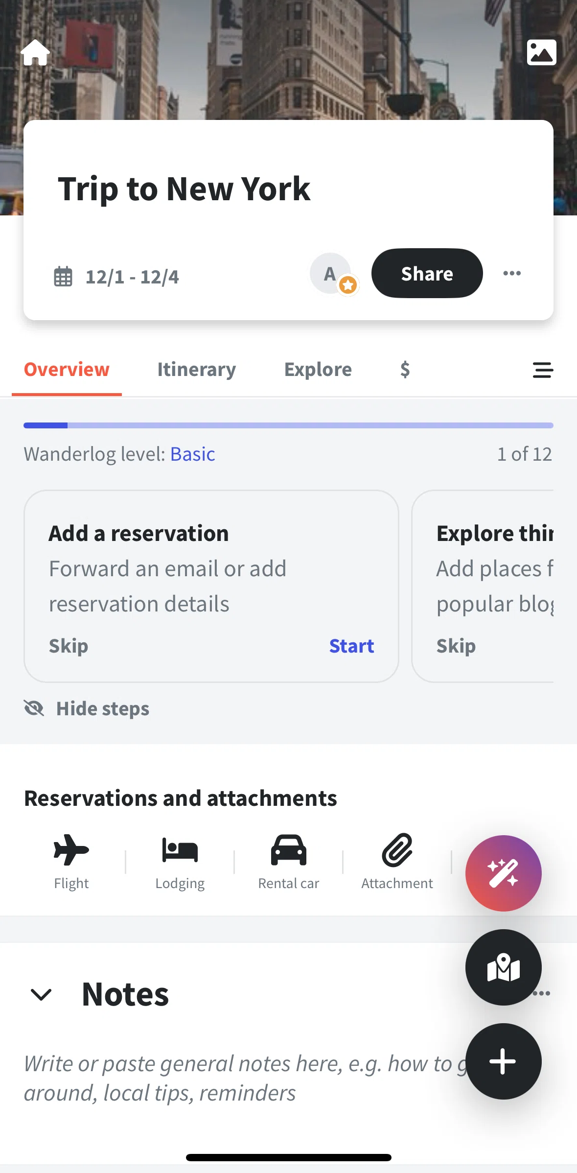 Wanderlog Screen screen in the Table of contents flow