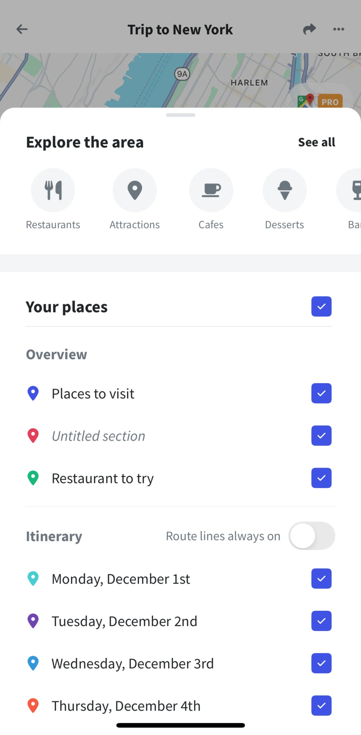 Wanderlog Screen screen in the Turning on route lines flow