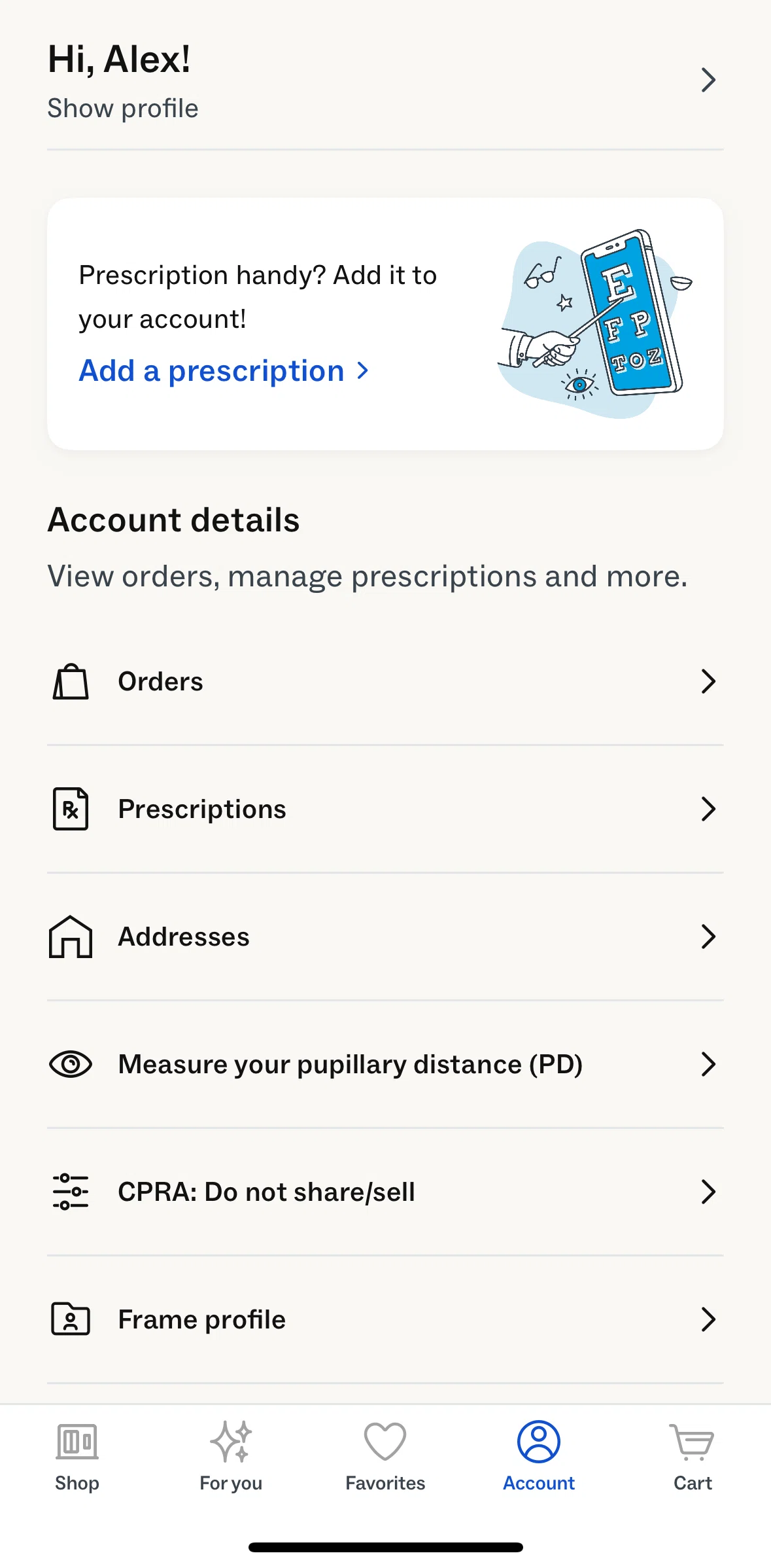 Warby Parker Screen screen in the Account settings flow