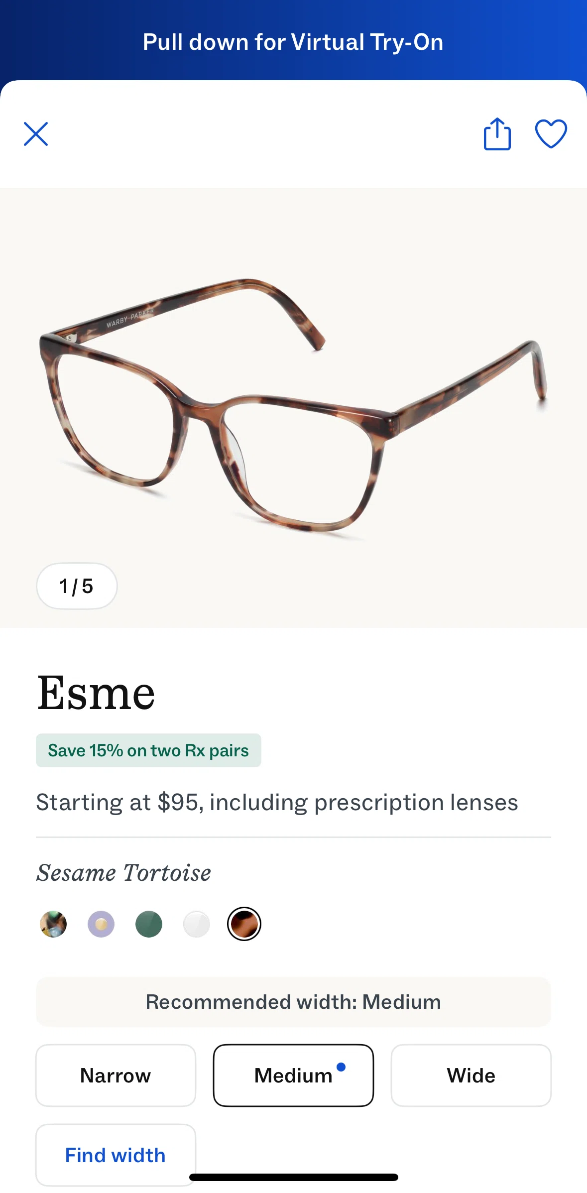 Warby Parker Screen screen in the Adding a product to favorites flow