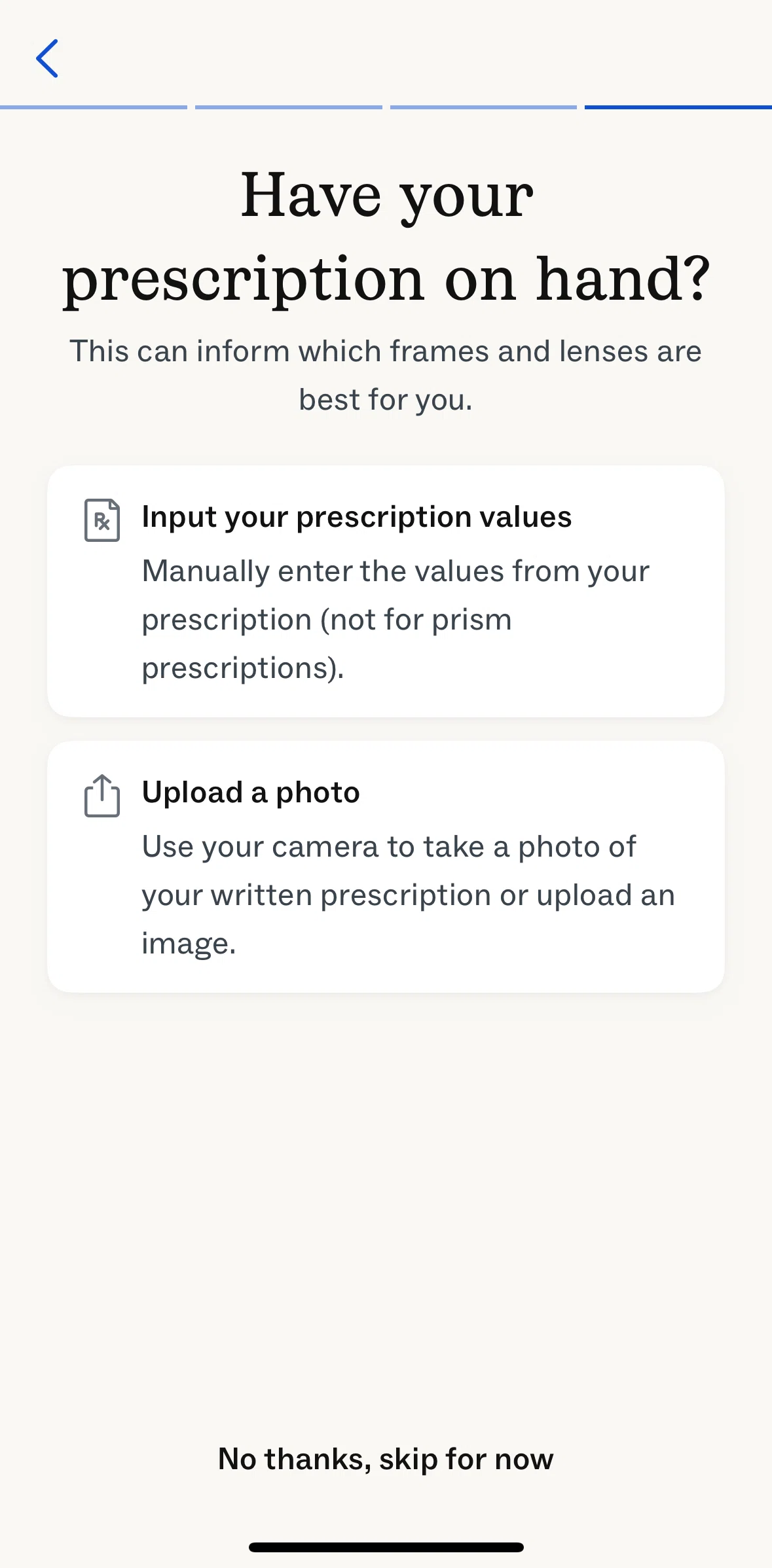 Warby Parker Screen screen in the Adding prescription values flow