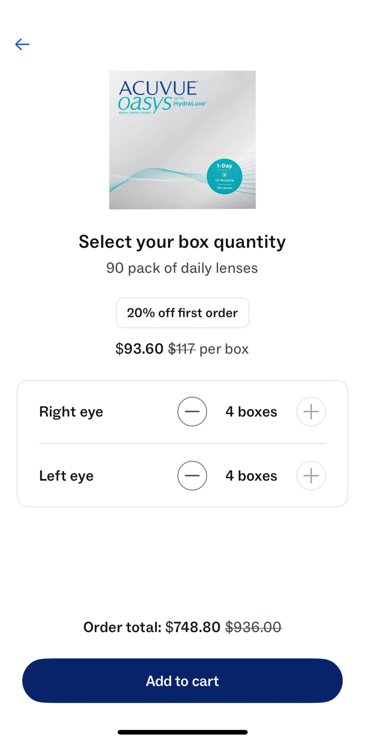 Warby Parker Screen screen in the Adding to cart (contacts) flow