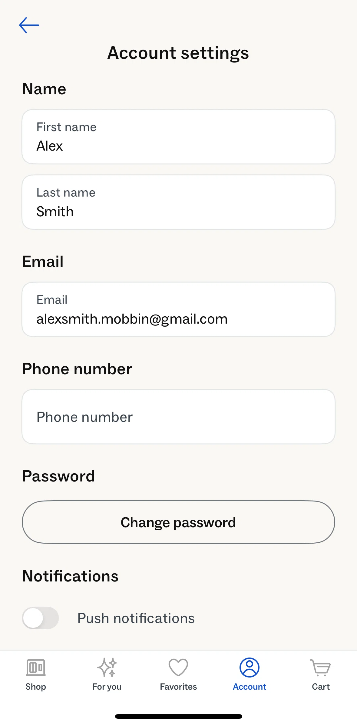 Warby Parker Screen screen in the Changing password flow
