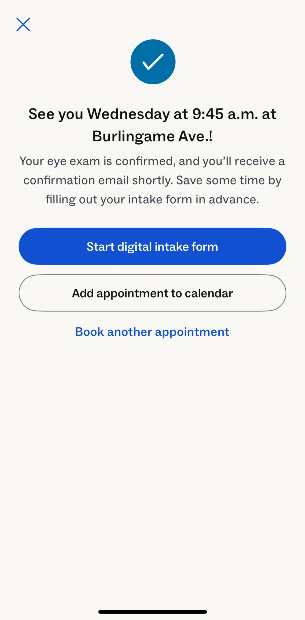 Warby Parker Screen screen in the Completing digital intake form flow