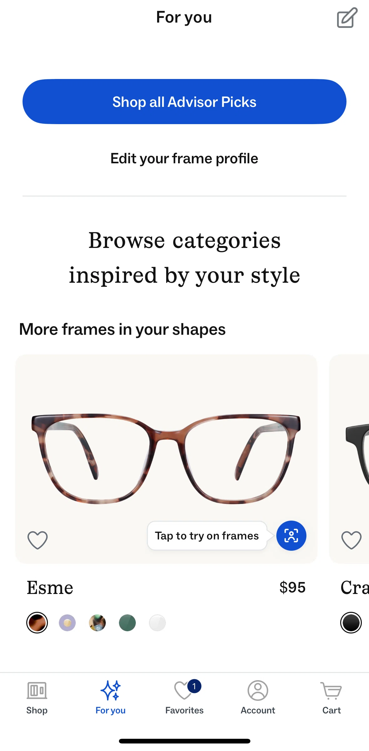 Warby Parker Screen screen in the Editing frame profile flow