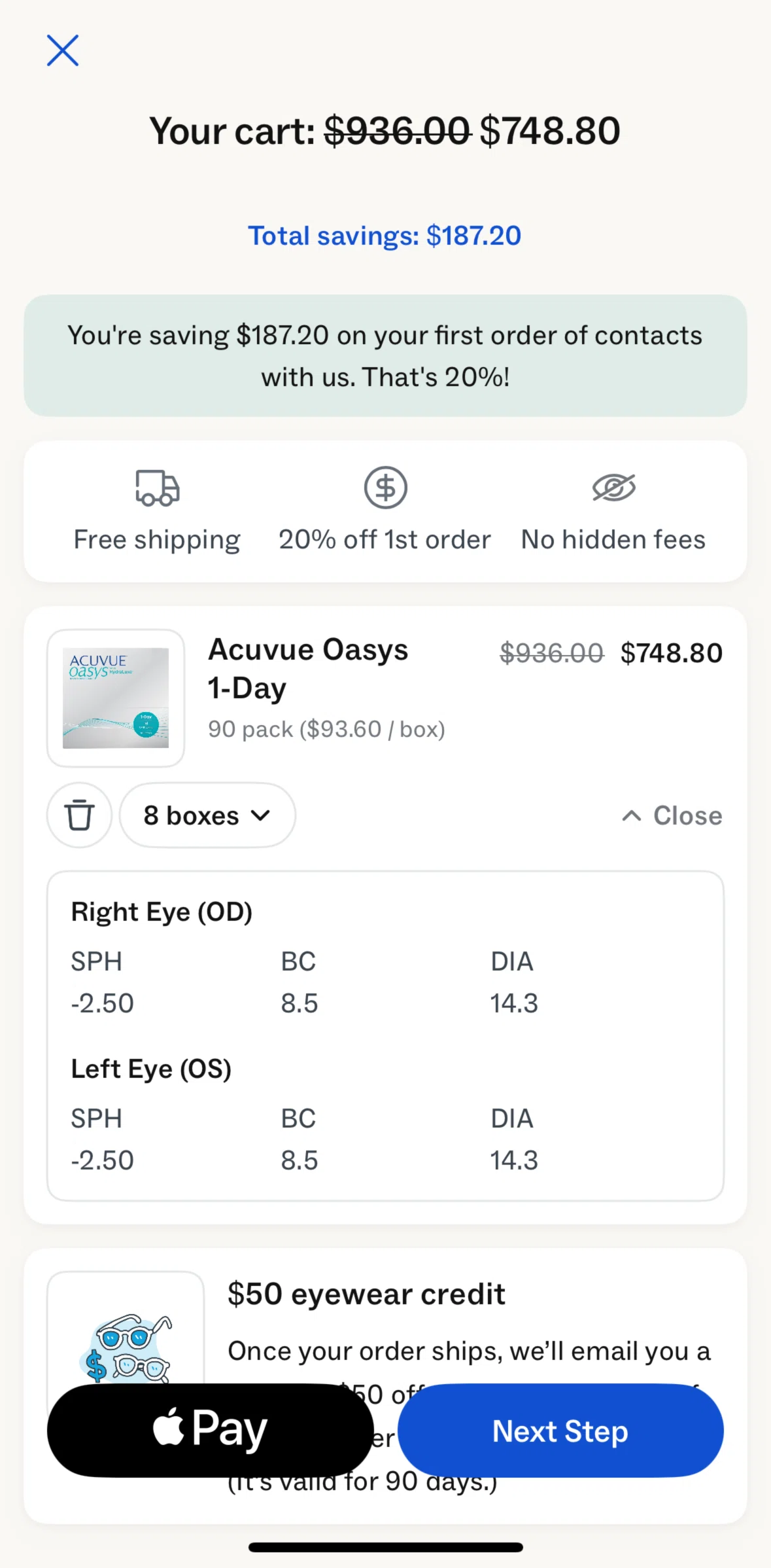 Warby Parker Screen screen in the Editing quantity flow