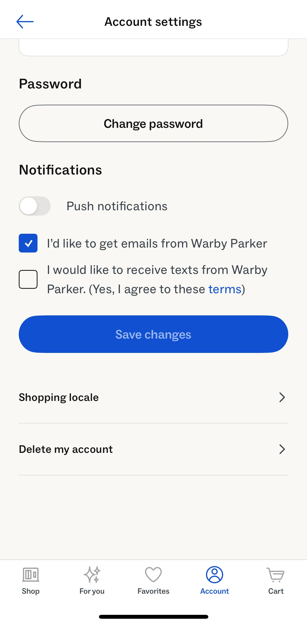 Warby Parker Screen screen in the Editing shopping locale flow