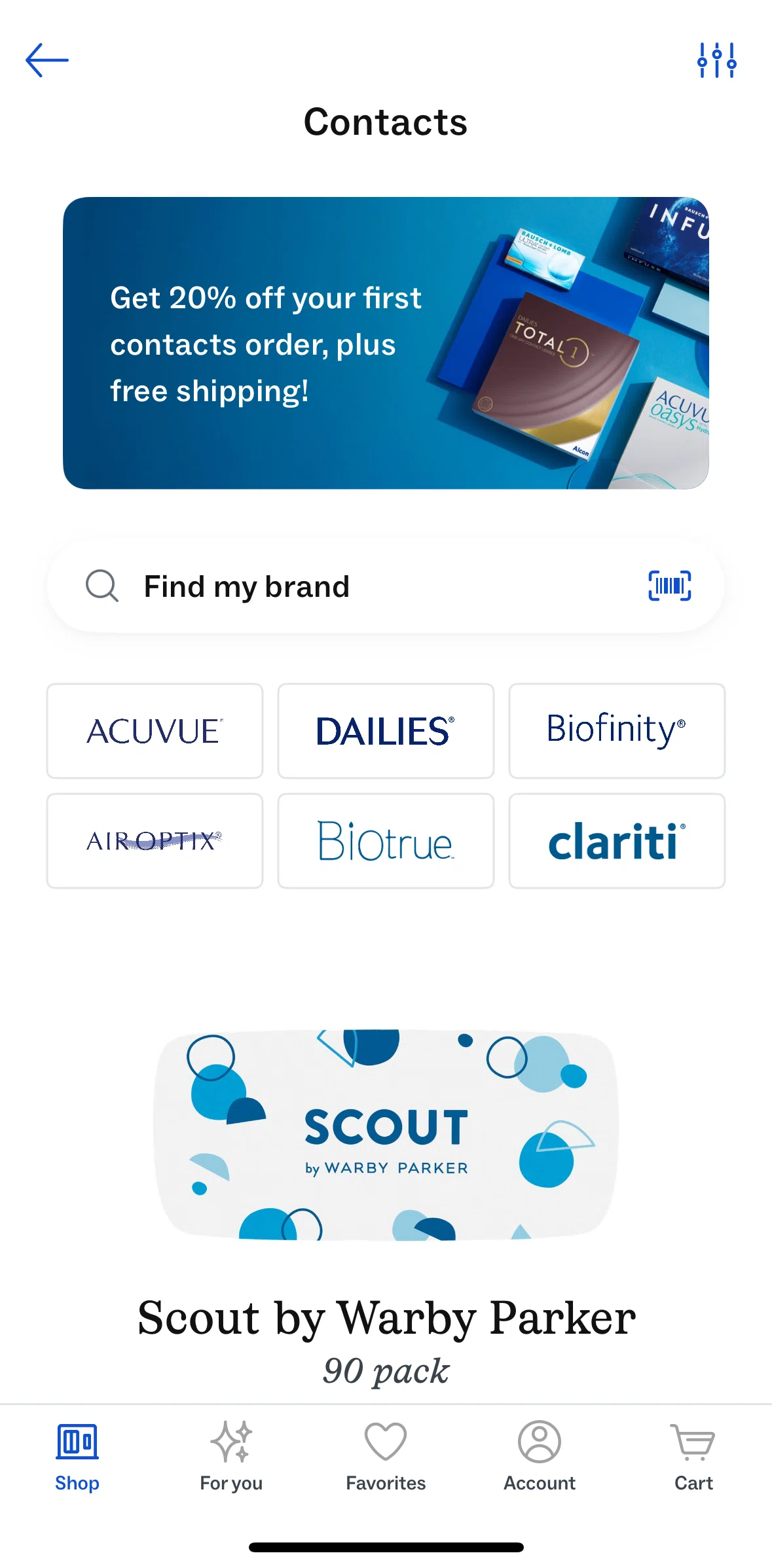 Warby Parker Screen screen in the Filtering contacts flow