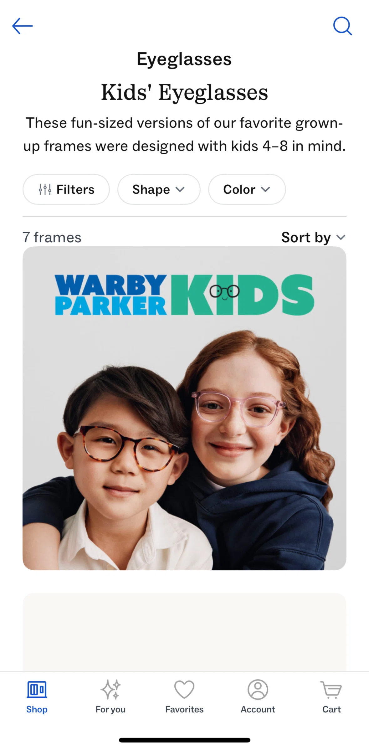 Warby Parker Screen screen in the Filtering kids eyeglasses flow