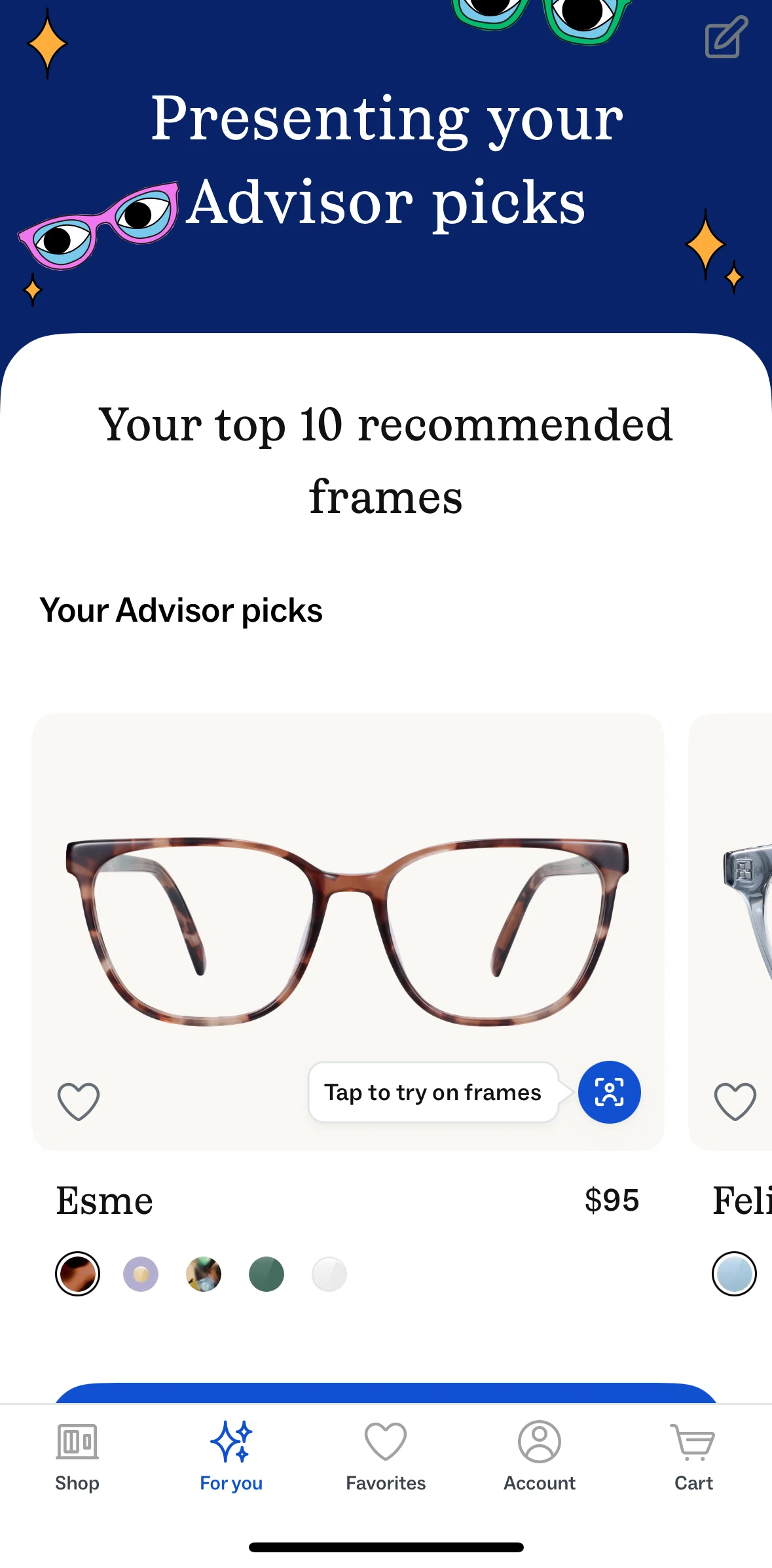 Warby Parker Screen screen in the For you flow