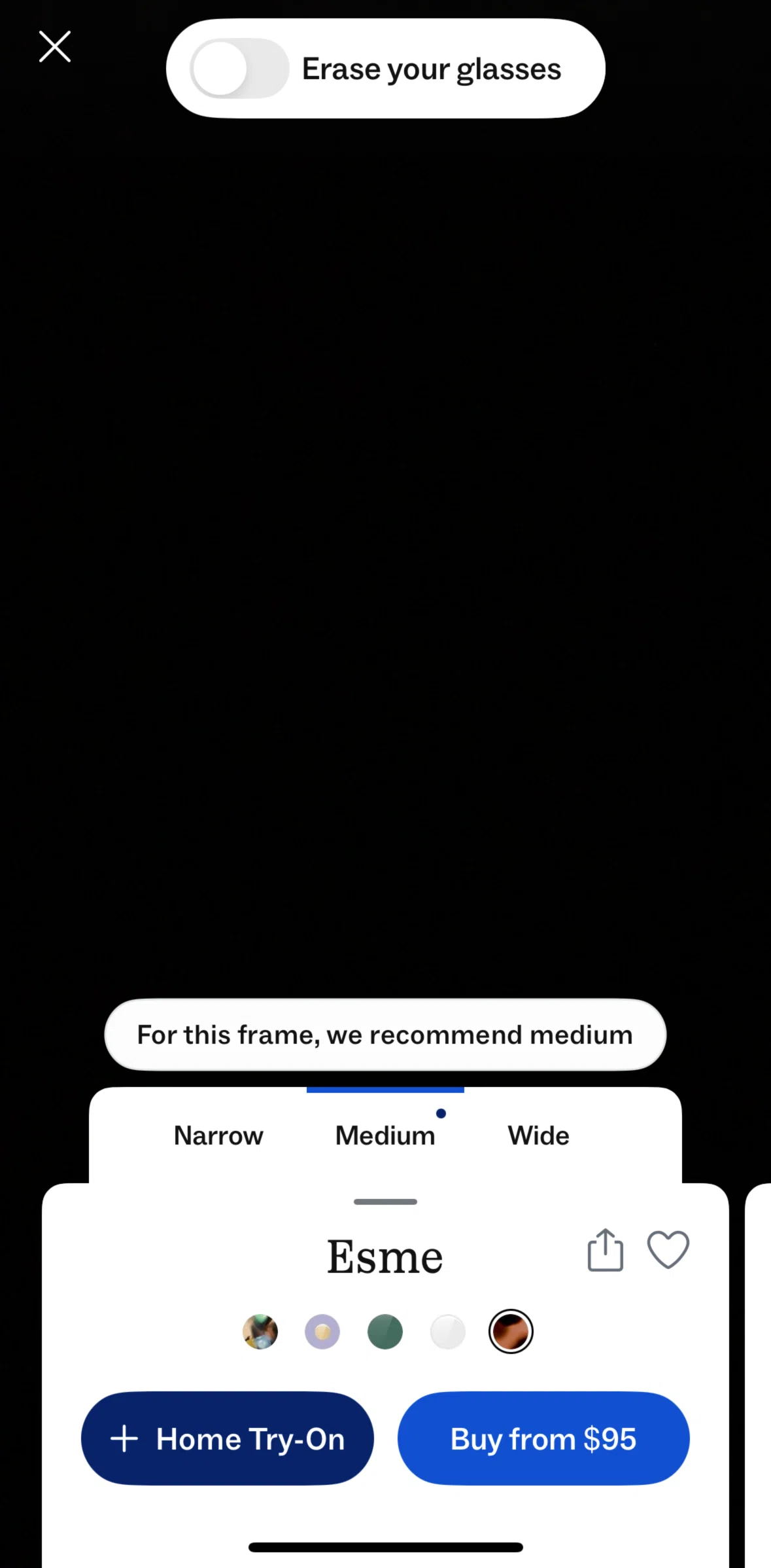 Warby Parker Screen screen in the Hiding glasses flow