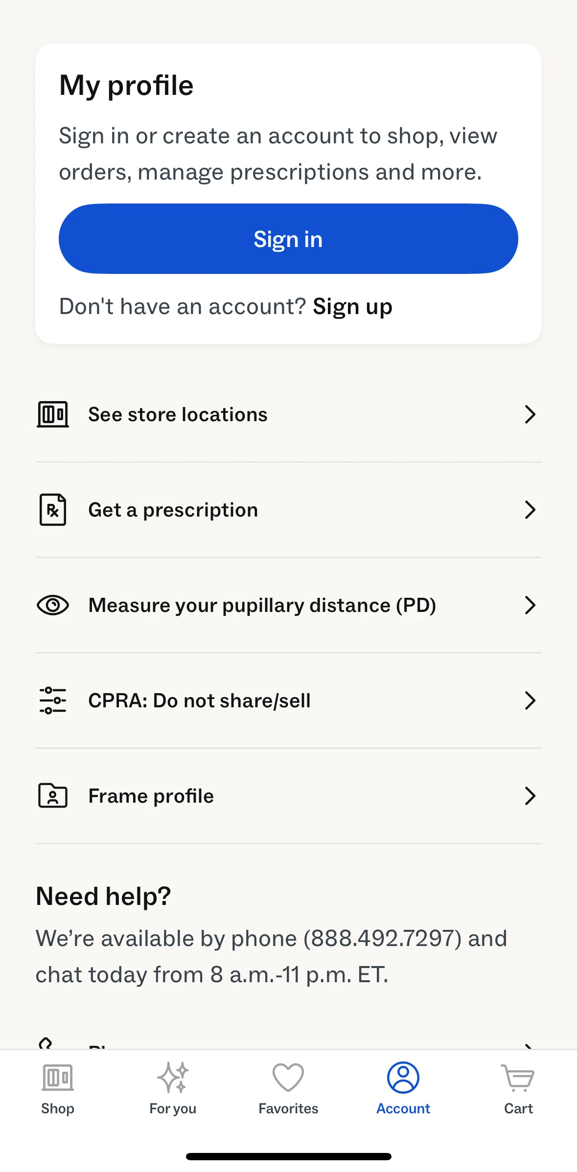 Warby Parker Screen screen in the Logging in flow