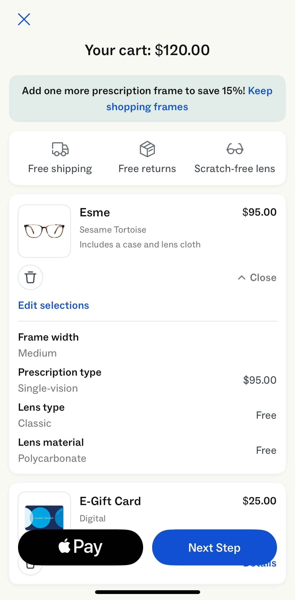 Warby Parker Screen screen in the Removing from cart flow