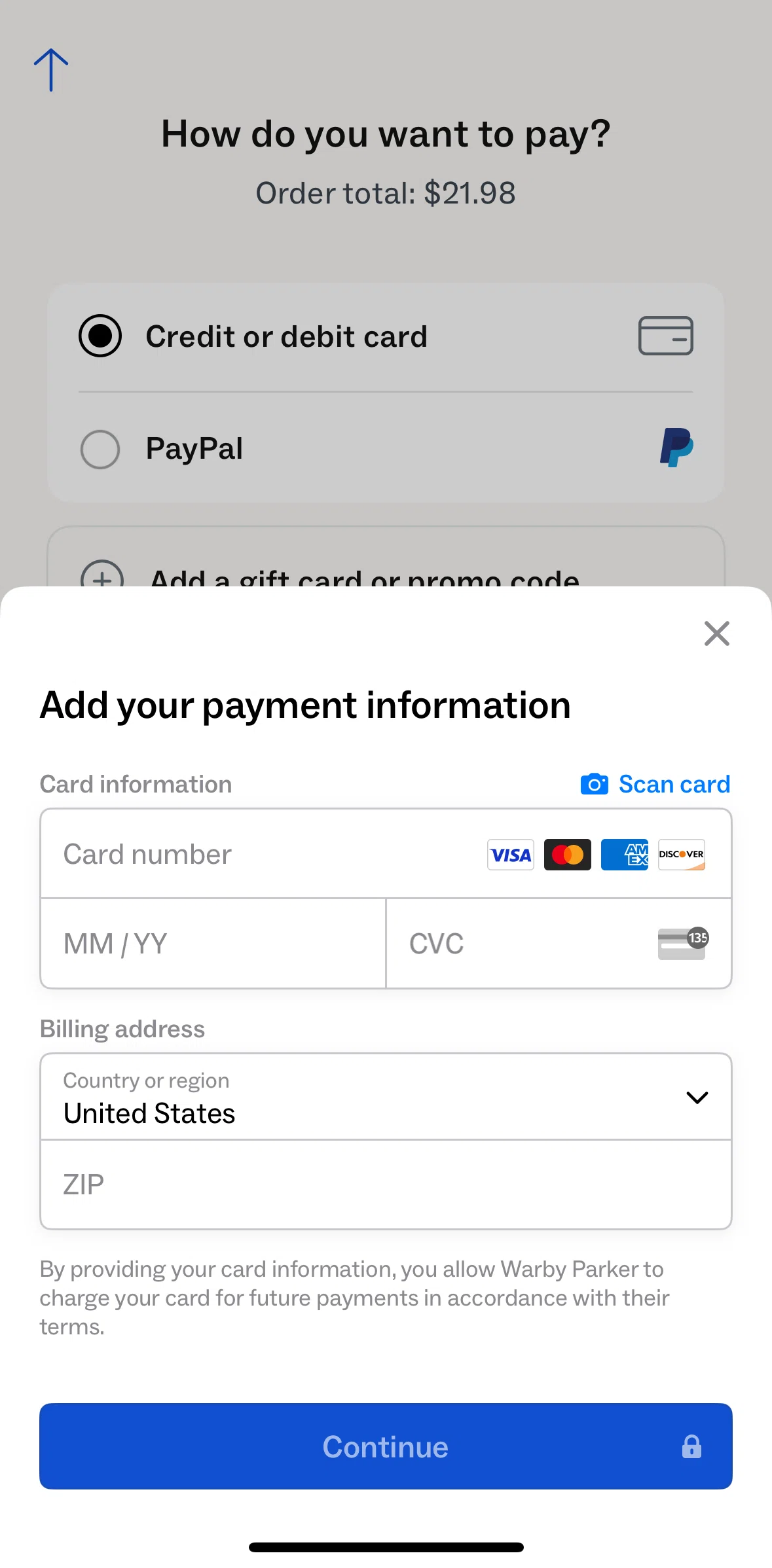 Warby Parker Screen screen in the Scanning a card flow