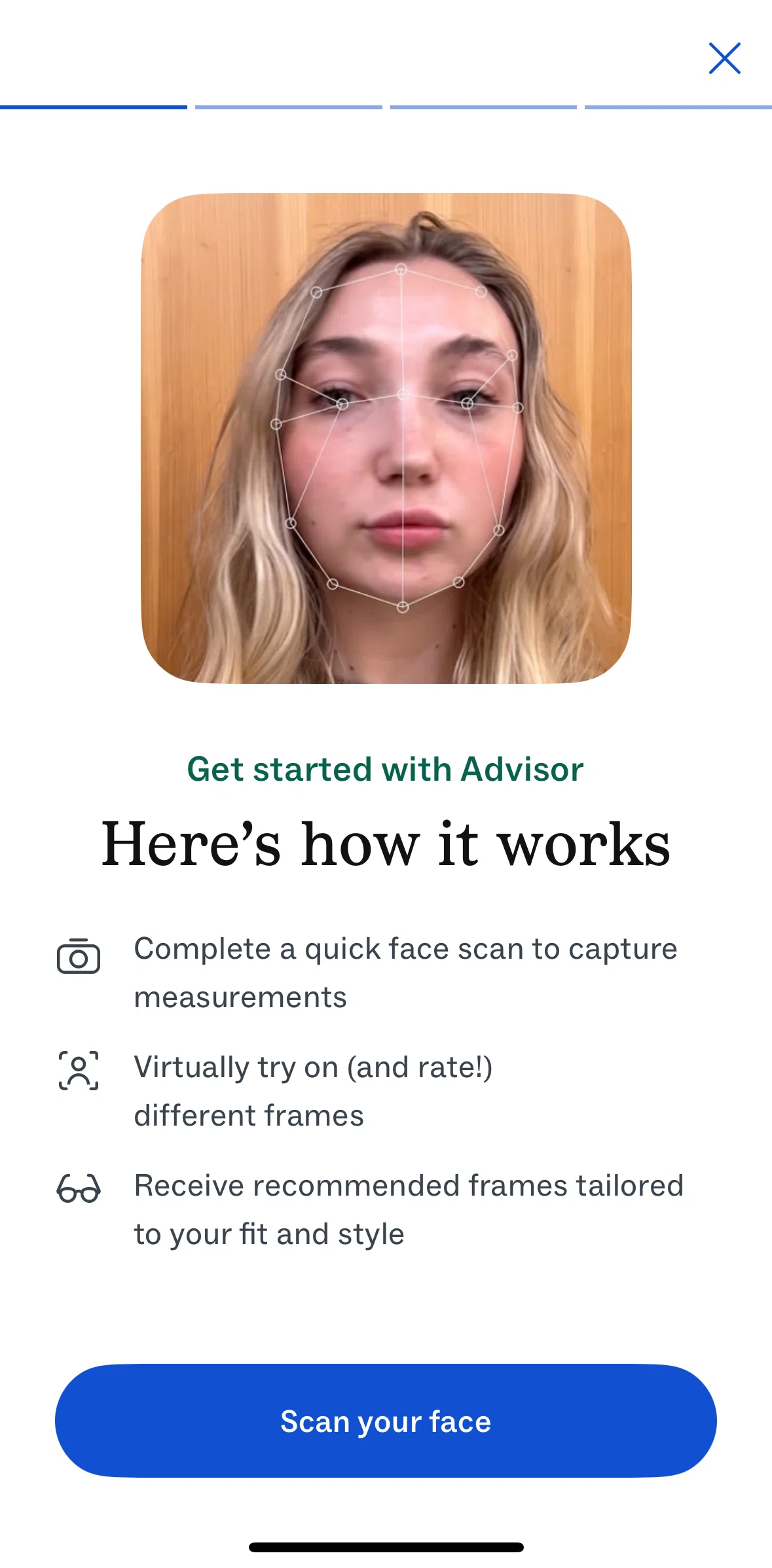 Warby Parker Screen screen in the Scanning a face flow
