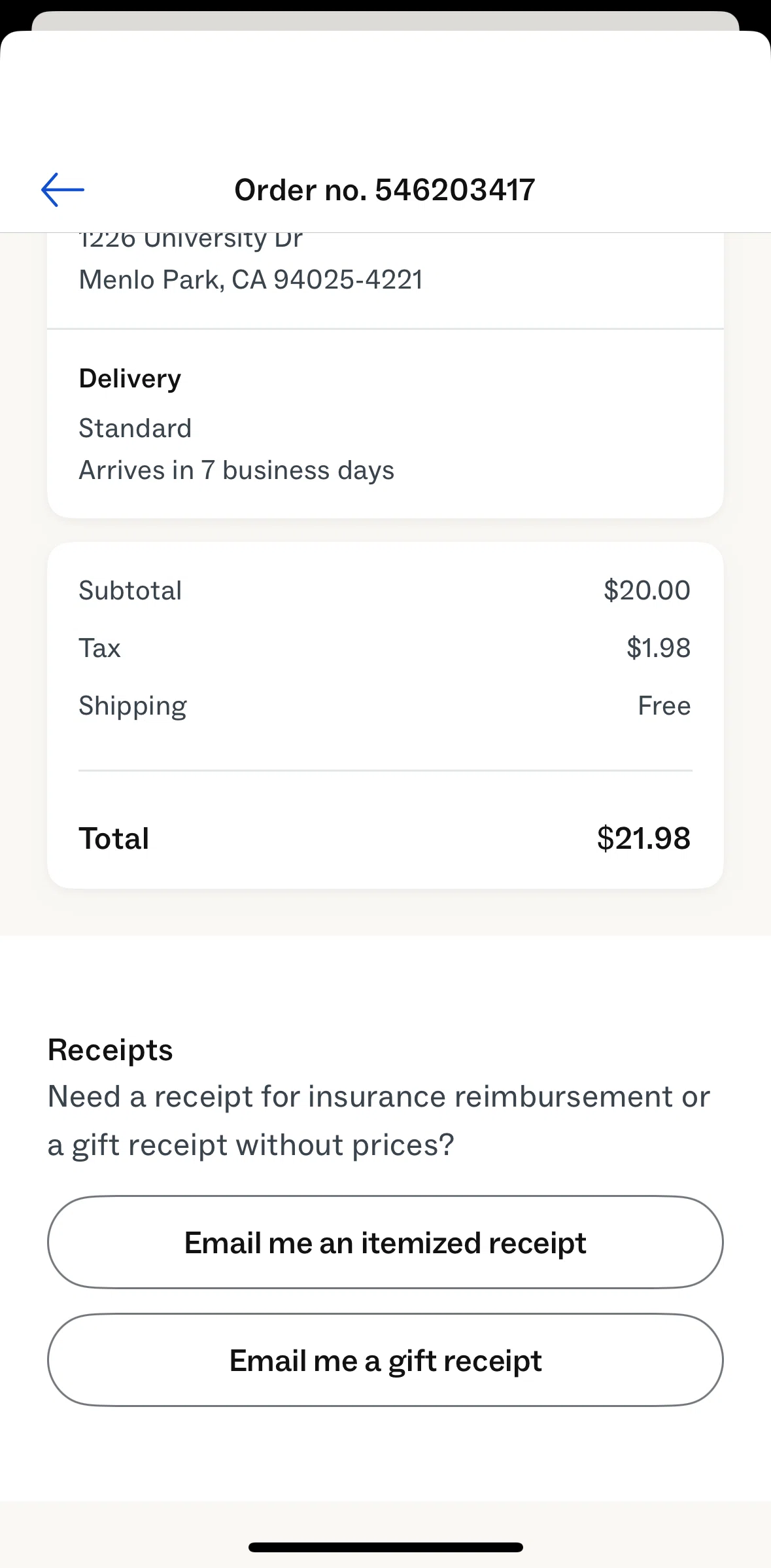 Warby Parker Screen screen in the Sending a gift receipt flow