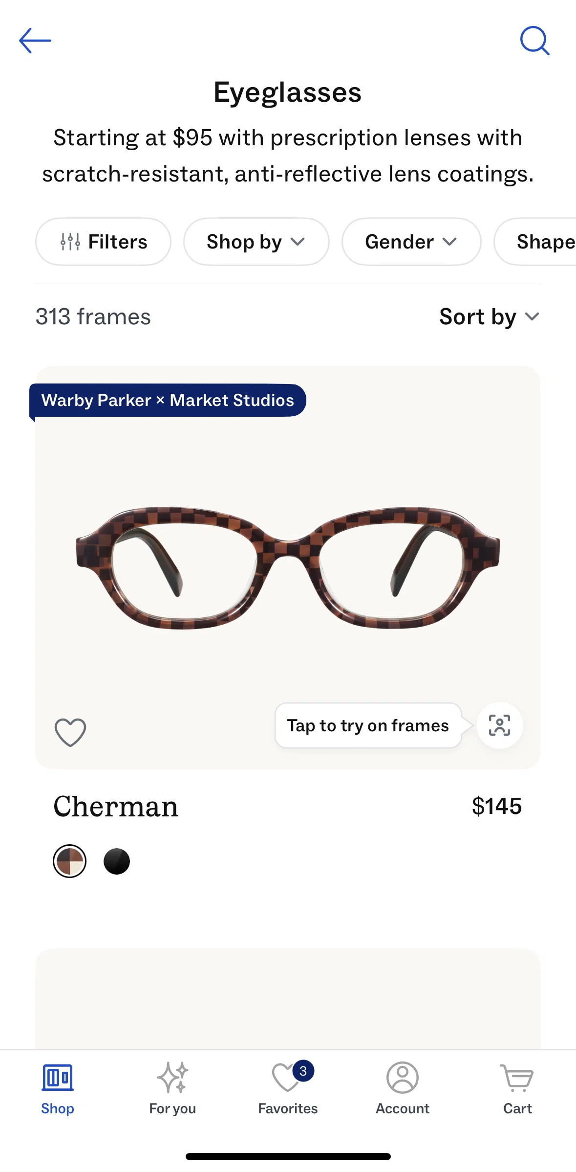 Warby Parker Screen screen in the Sorting frames flow