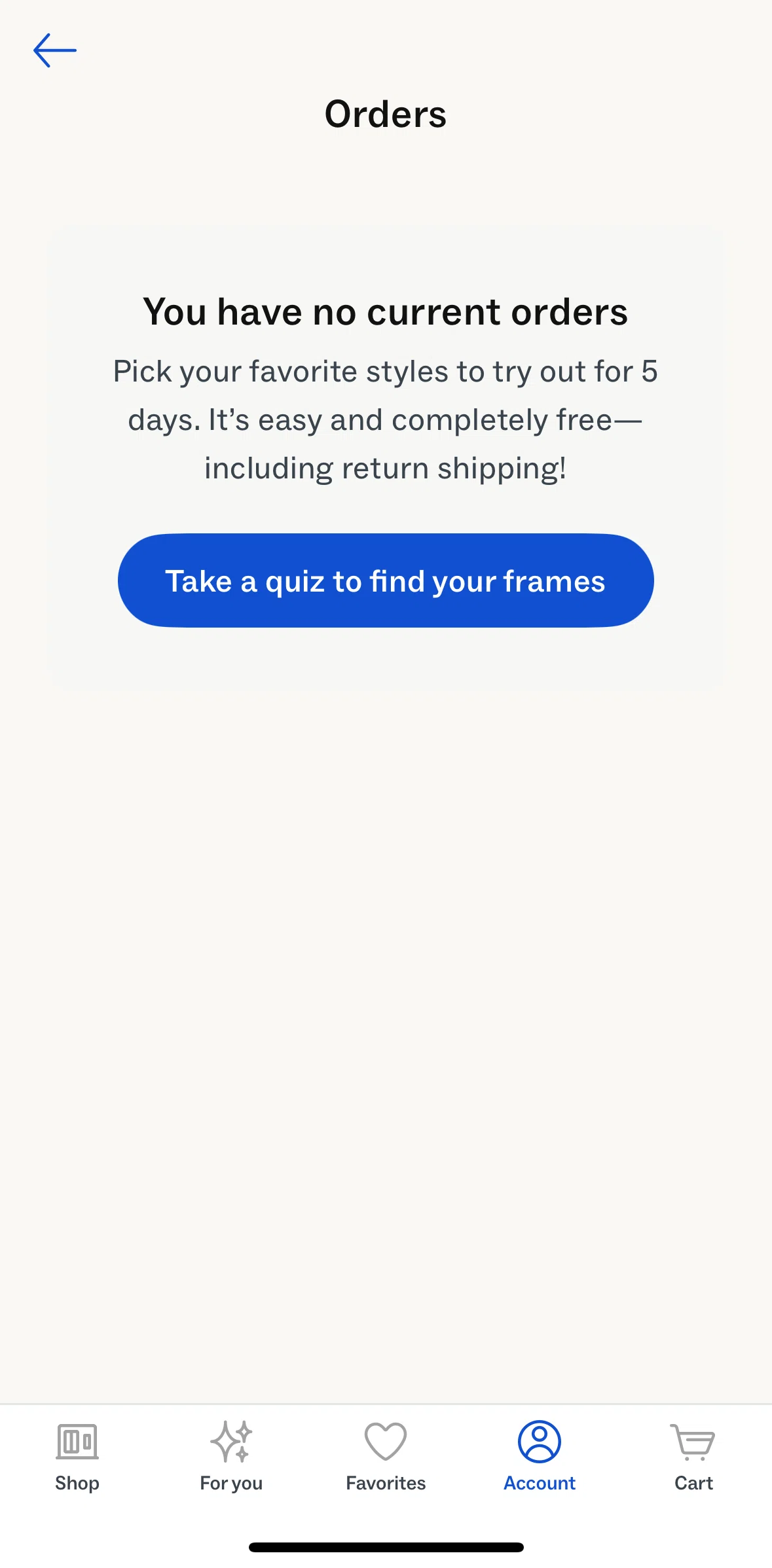 Warby Parker Screen screen in the Taking a quiz flow