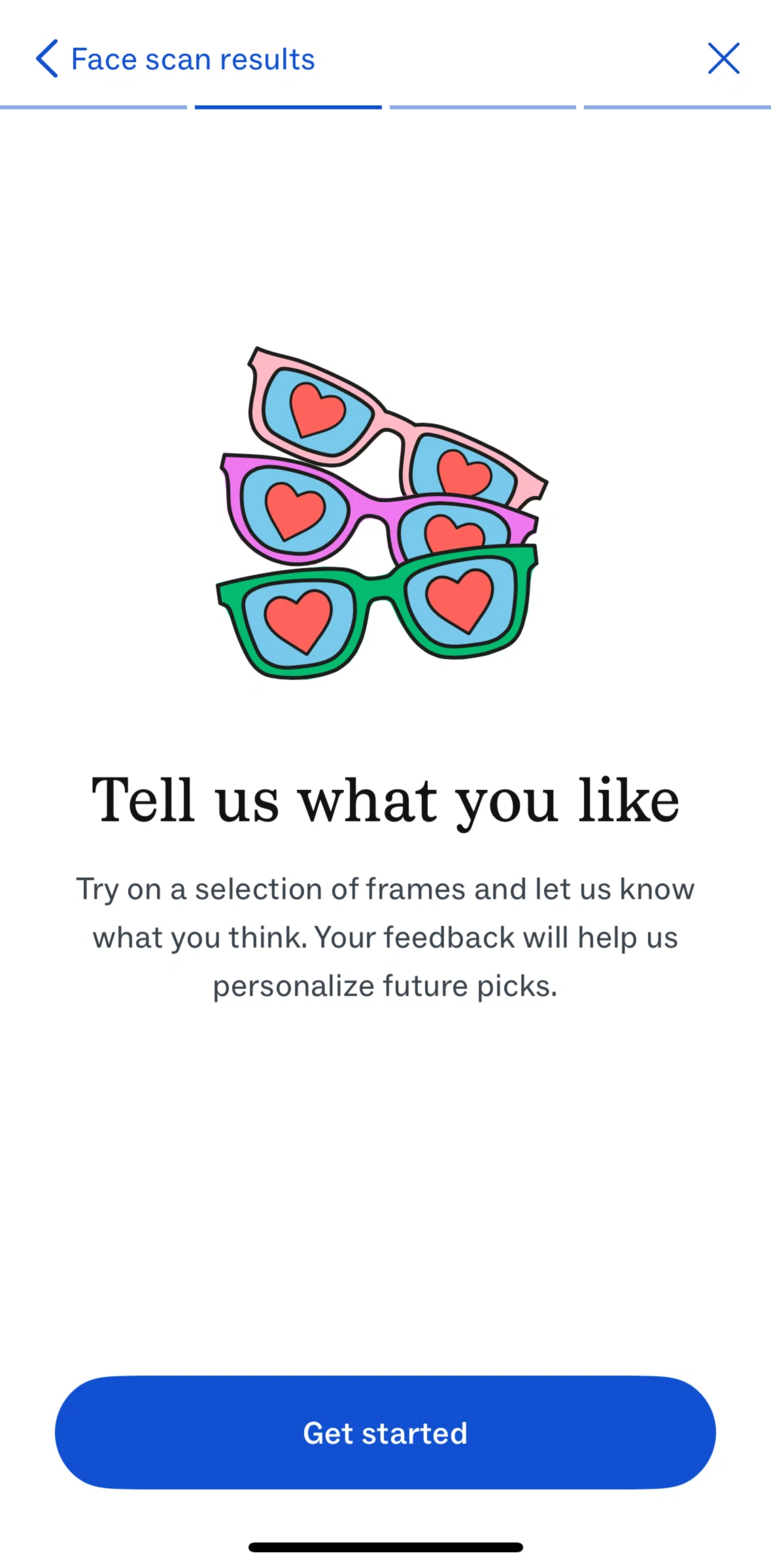Warby Parker Screen screen in the Trying on frames flow
